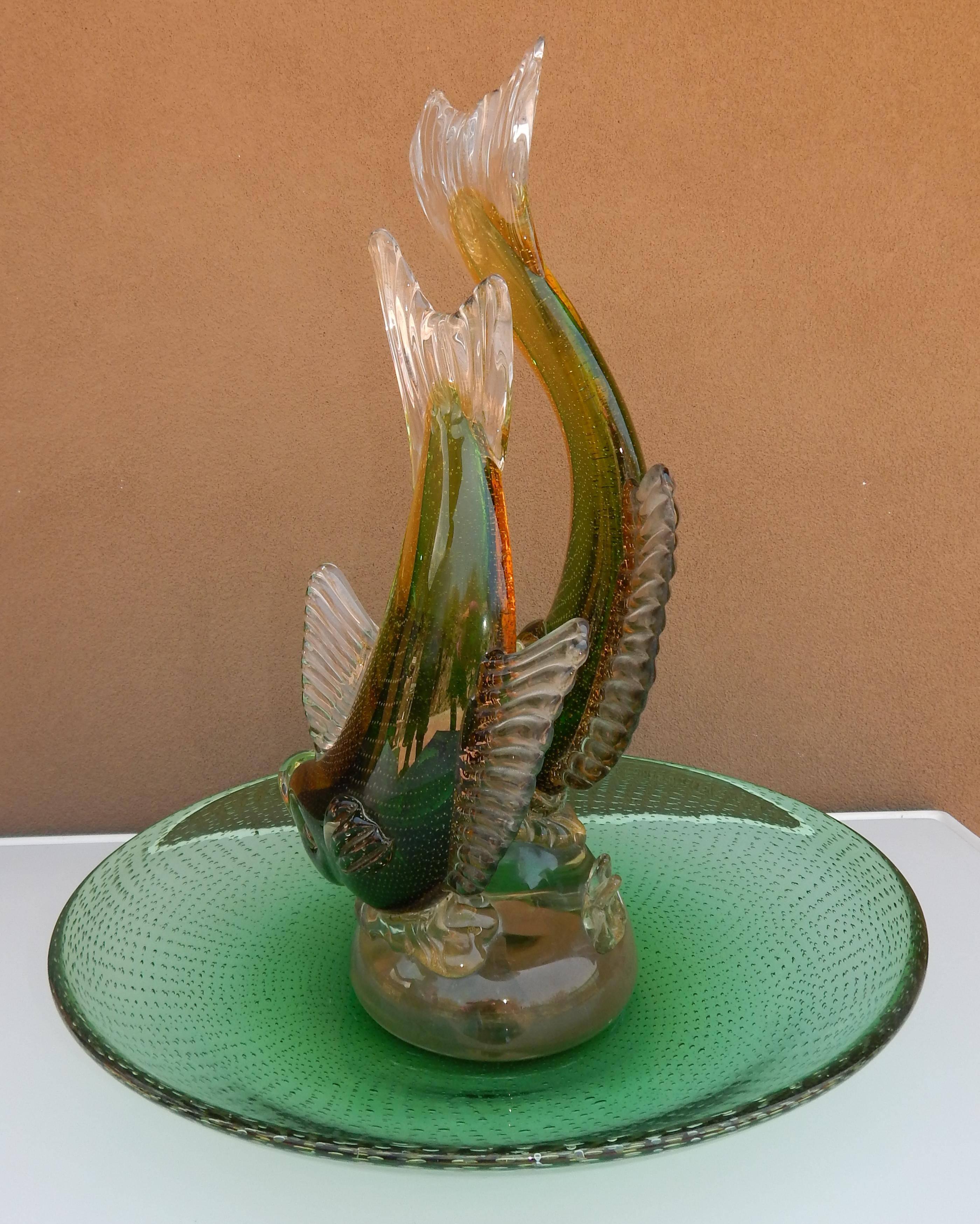 20th Century Alfredo Barbini Monumental Italian Glass Double Fish Centerpiece with Bowl For Sale