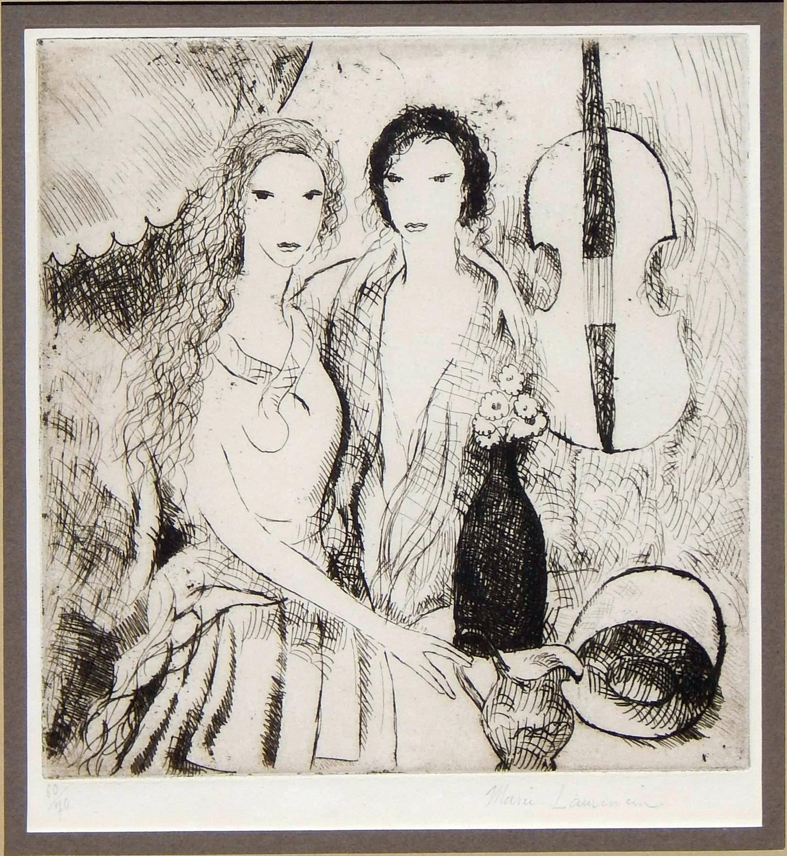 Marie Laurencin (1883-1956)
Title: “Jeunes Filles au Violoncelle”
Image size: 7 7/8 x 7 ½
Frame size: 16 3/4 x 16
Original etching with pencil signature, 1923
Edition: 70.