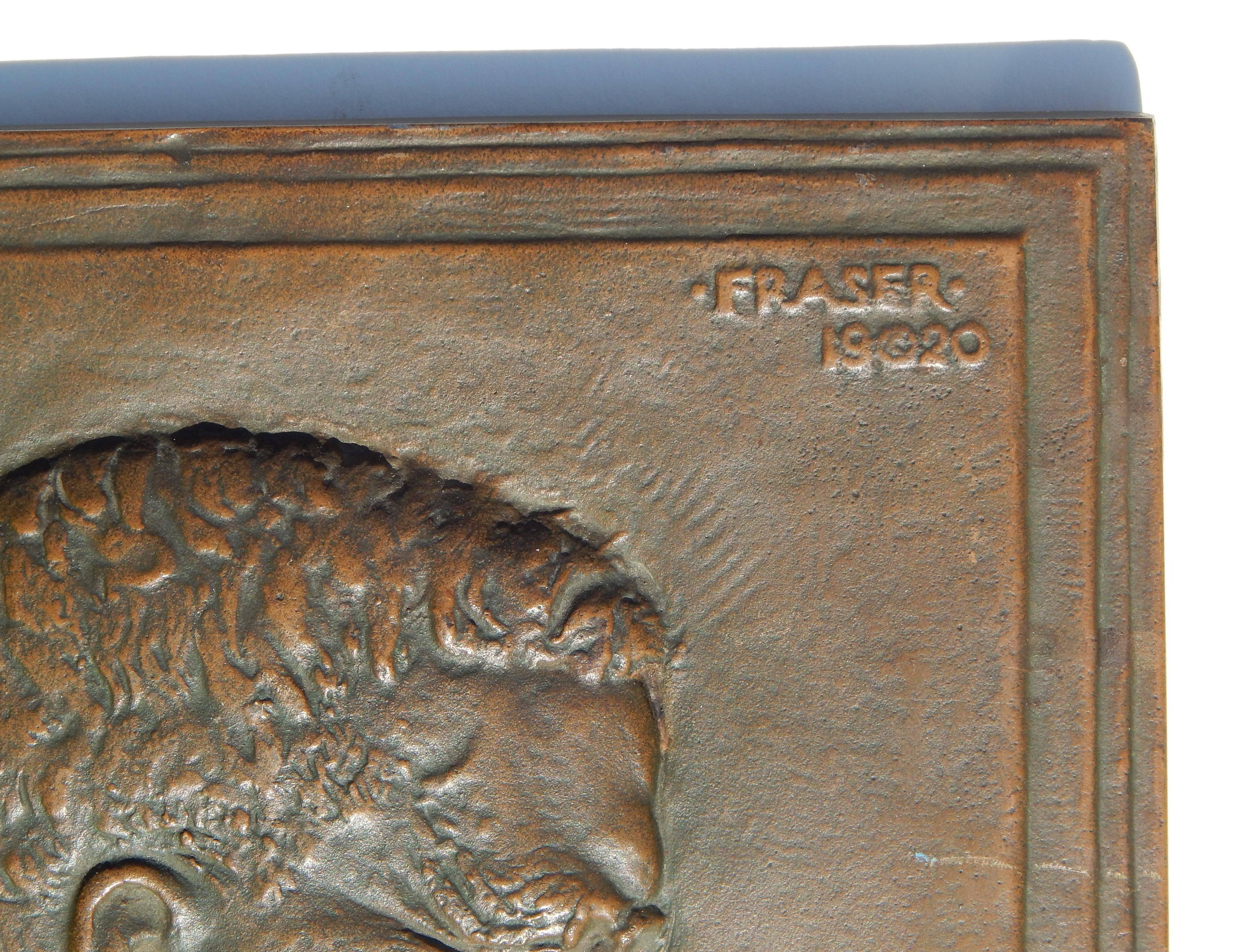 Bronze plaque of the famous president Roosevelt by Coin Designer and
sculptor James Earle Fraser (1876-1953).
In excellent condition measuring 13 x 10 x 1/2 inches.
Lower part reads:
Aggressive Fighting for the Right is the Noblest Sport the