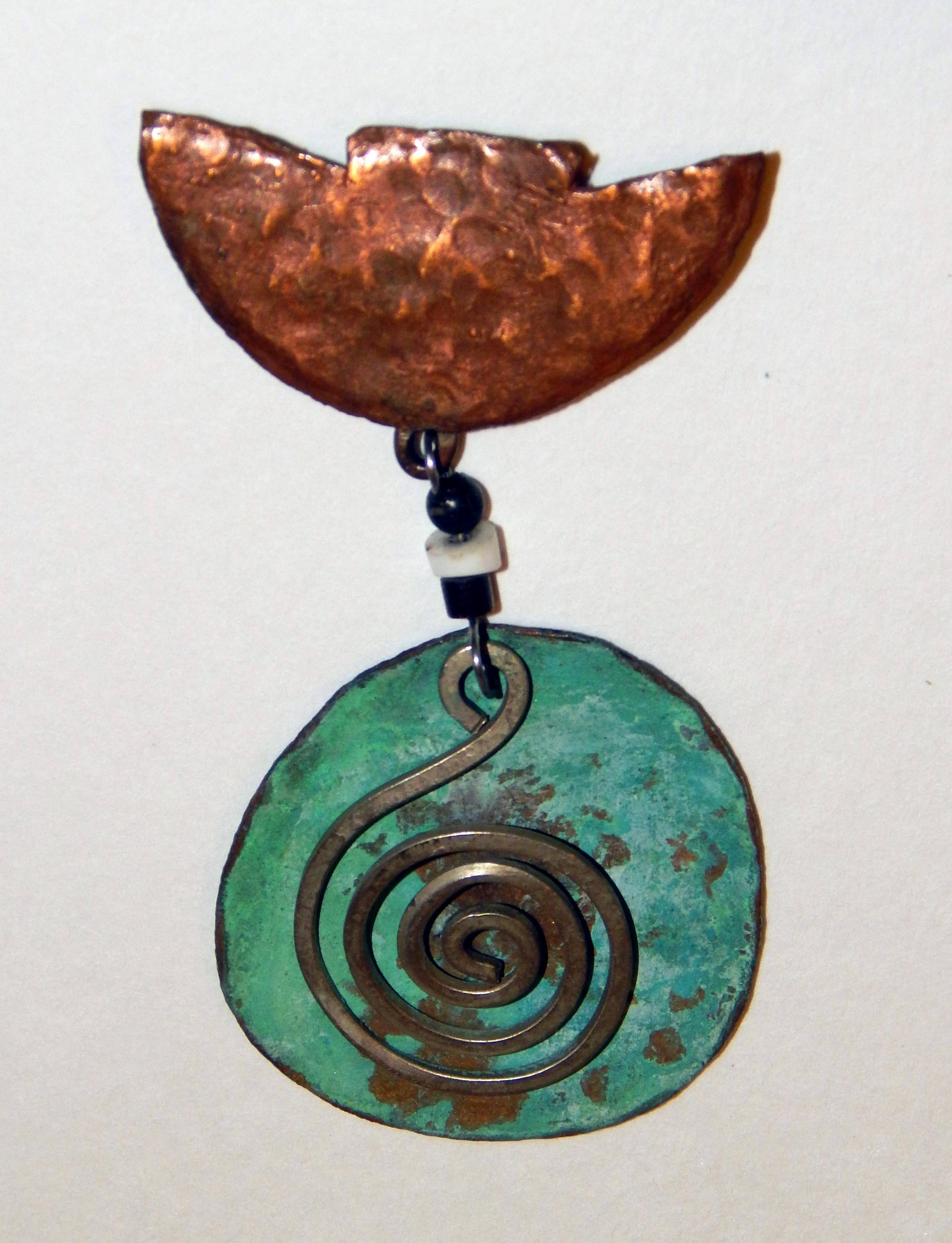 Mexican Ken Beldin Vintage Jewelry Made in Mexico, Abstract Copper Pin, Signed For Sale