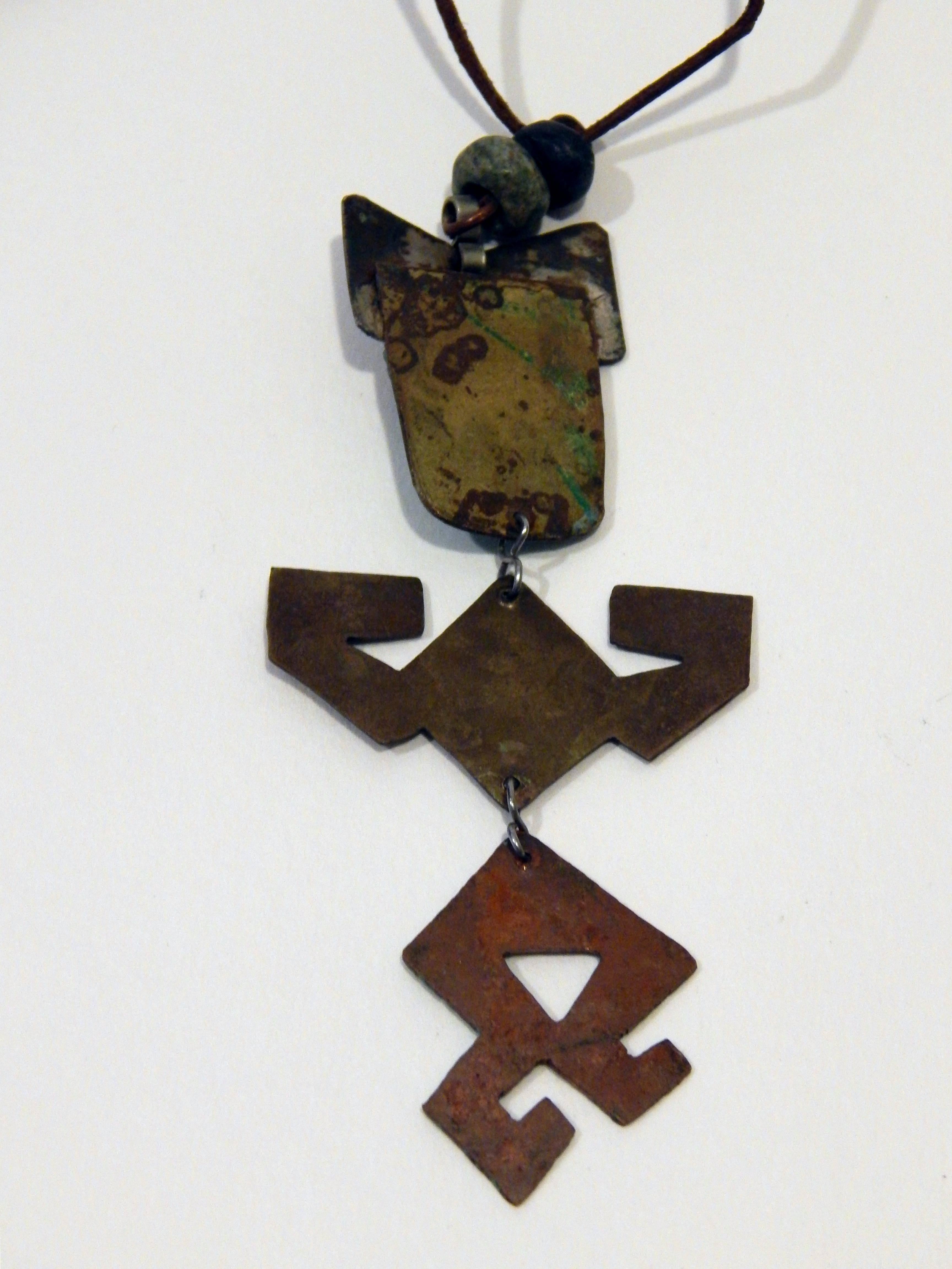 Ken Beldin Figural Kinetic Midcentury Mexican Copper and Mixed Metal Necklace In Good Condition For Sale In Phoenix, AZ