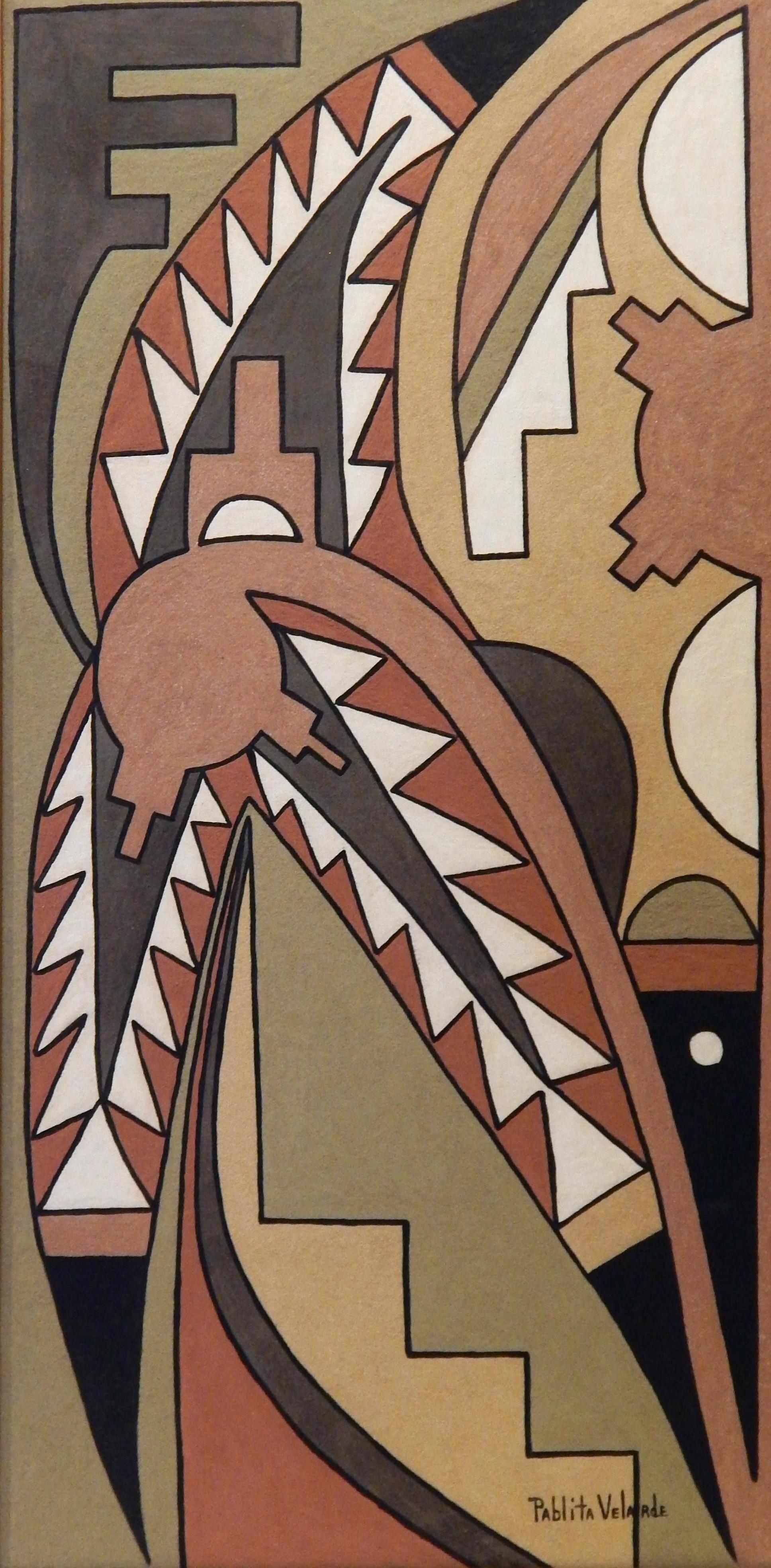 Abstract pigment painting by Pablita Valarde (1918-2006) with Native American Deco motif
In excellent condition, signed lower right.
Measures: 24