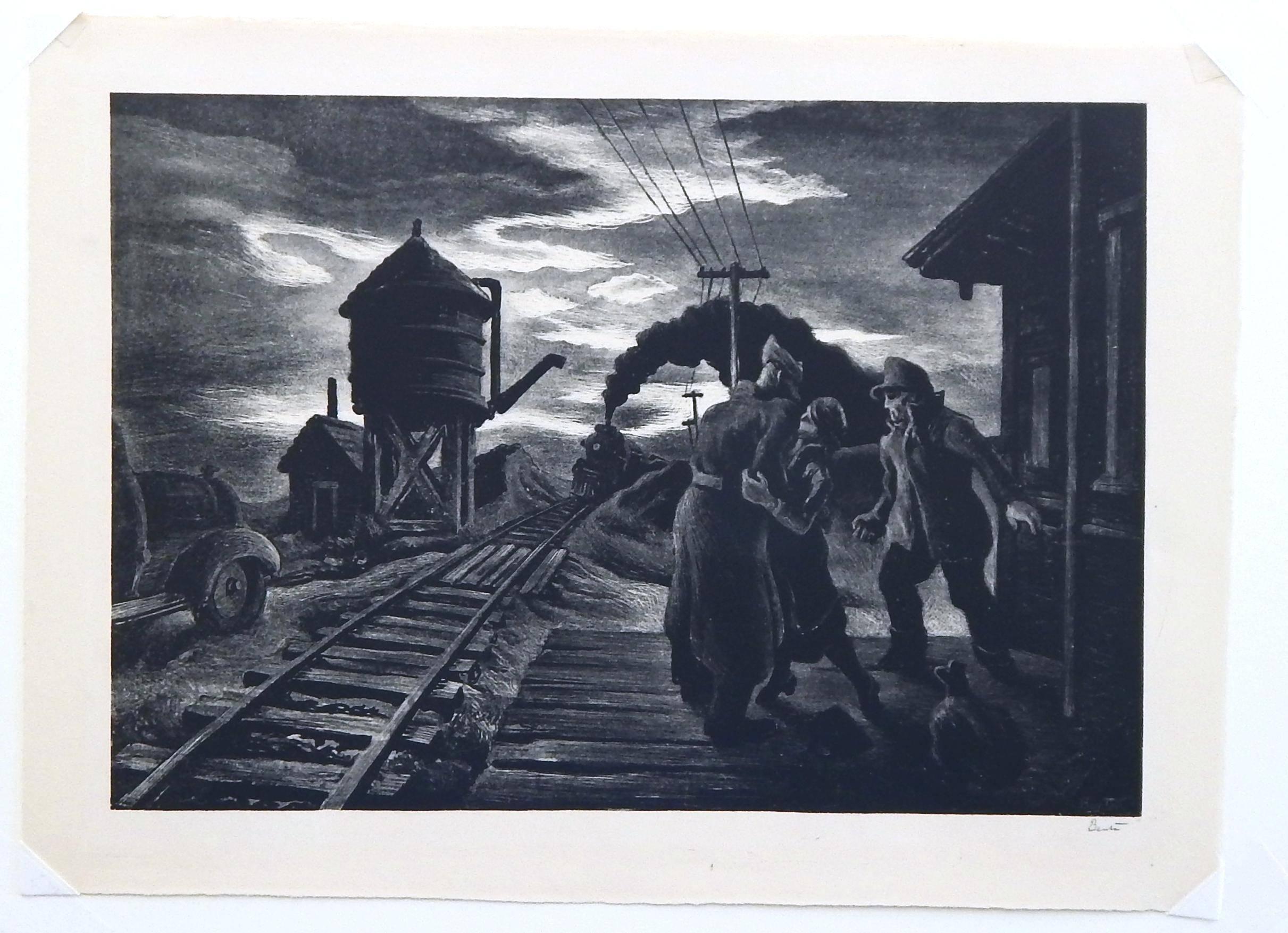 Thomas Hart Benton (American 1889-1975) original stone lithograph
Title: “Morning Train (or Soldier’s Farewell)”
Created 1943. Image measures: 9 3/8