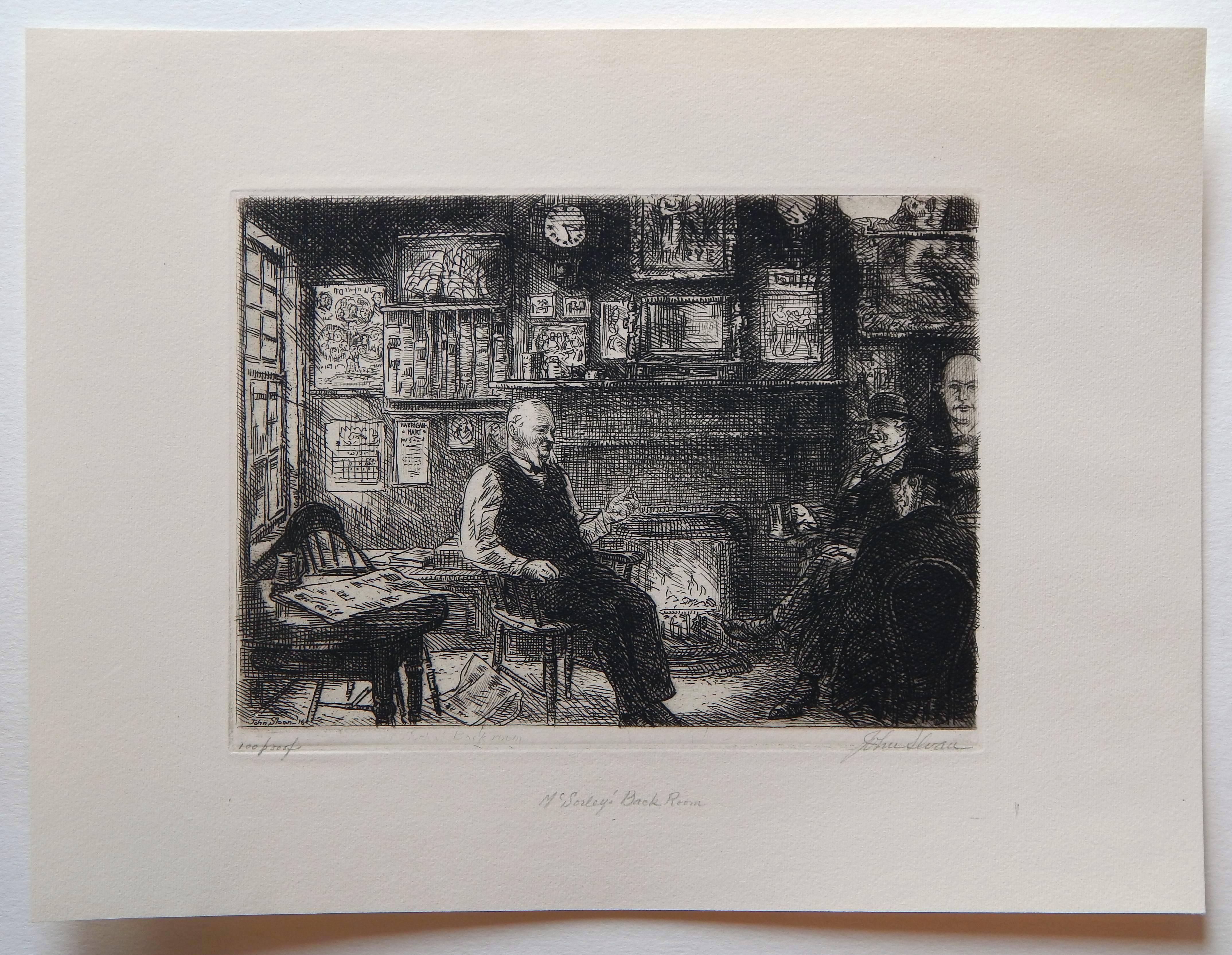 John Sloan (1871-1951) etching created 1916.
Edition: 100
Titled: “McSorley’s Back Room”
Plate size: 5 1/4