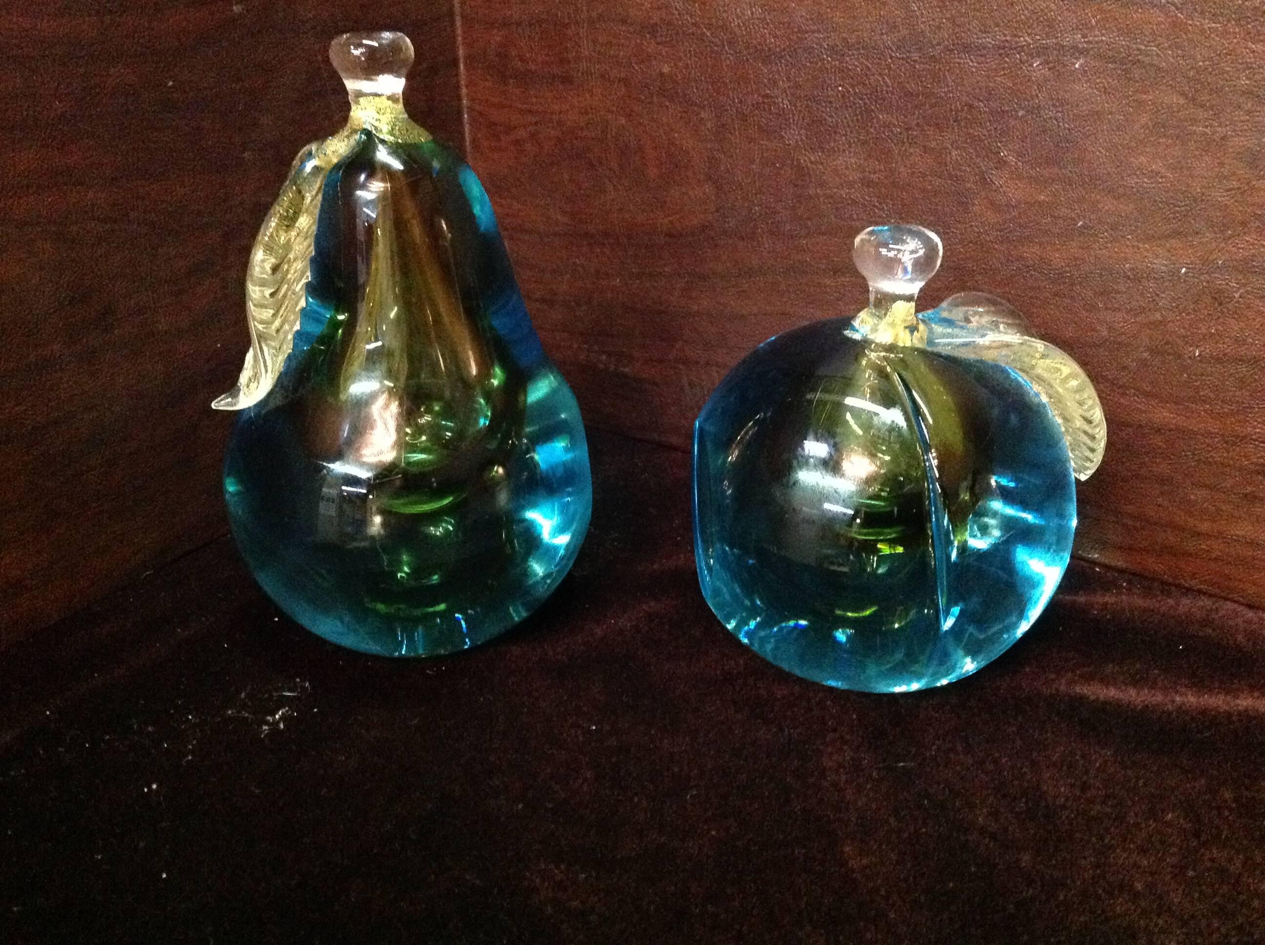 Hand-Crafted Murano Glass Aqua Blue Apple and Pear Bookends For Sale