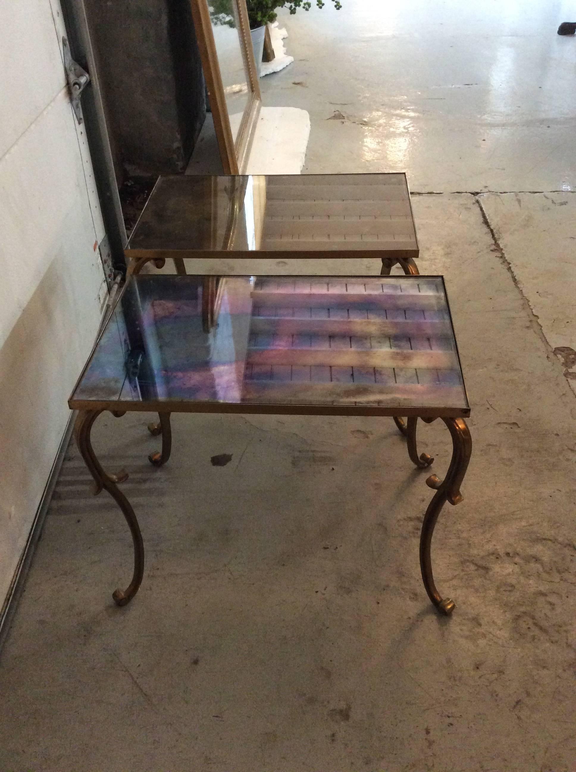 Pair of Antique Bronze French Side Tables with Eglomise Glass from the 30s In Good Condition In Chicago, IL