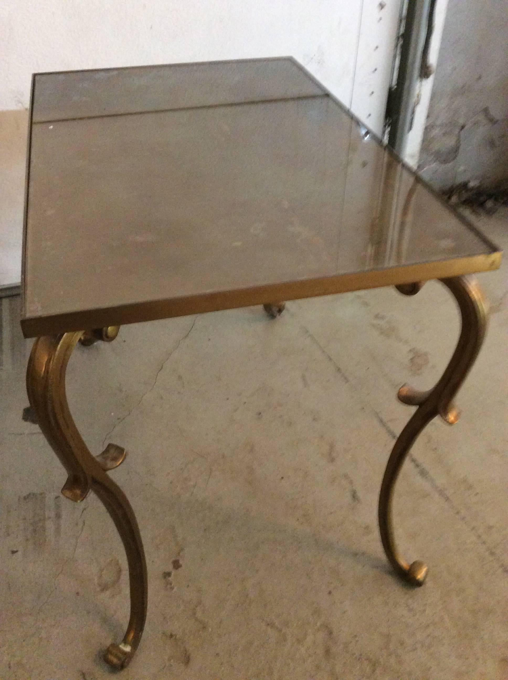 Hollywood Regency Pair of Antique Bronze French Side Tables with Eglomise Glass from the 30s