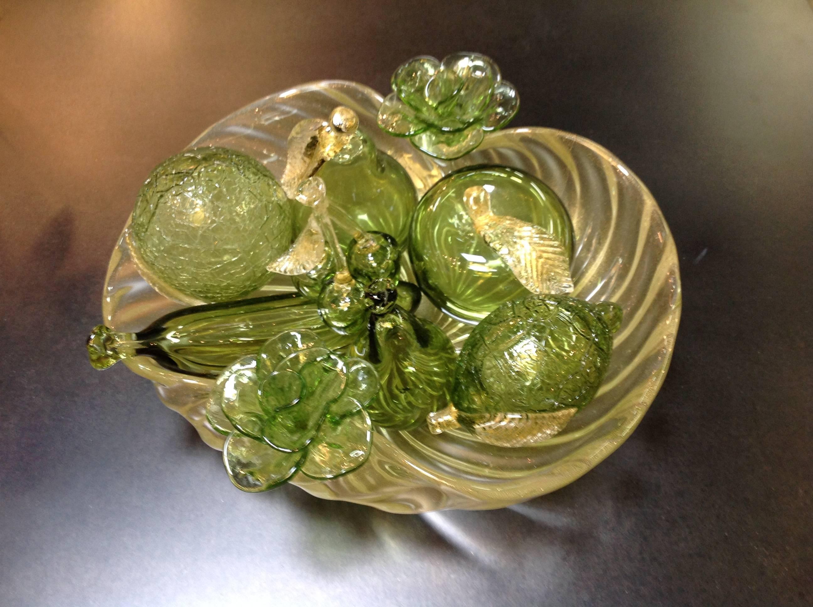 Beautiful Murano glass gold bowl with green flowers with seven pieces of green glass fruit.