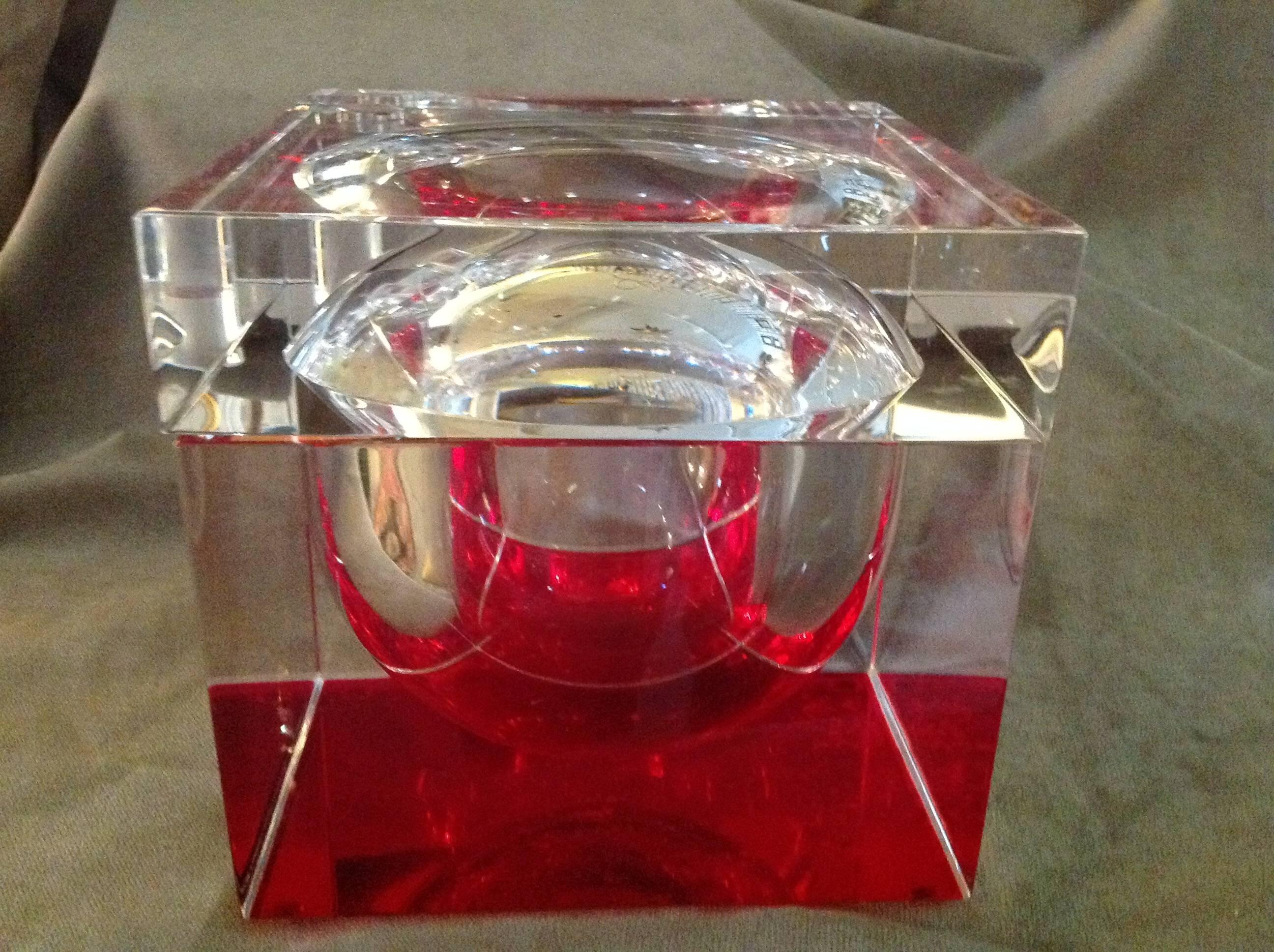 American Mid-Century Red and Clear Cube Form Lucite Ice Bucket For Sale