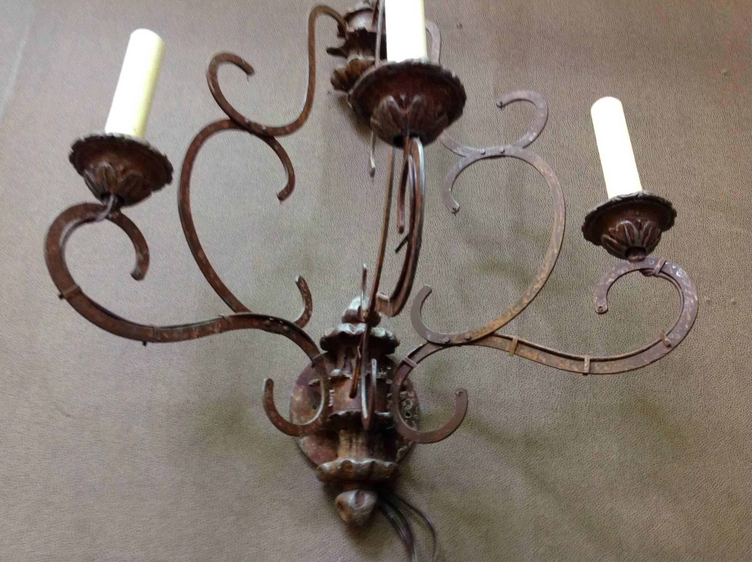 Pair of Niermann Weeks Three-Light Iron Sconces In Good Condition In Chicago, IL