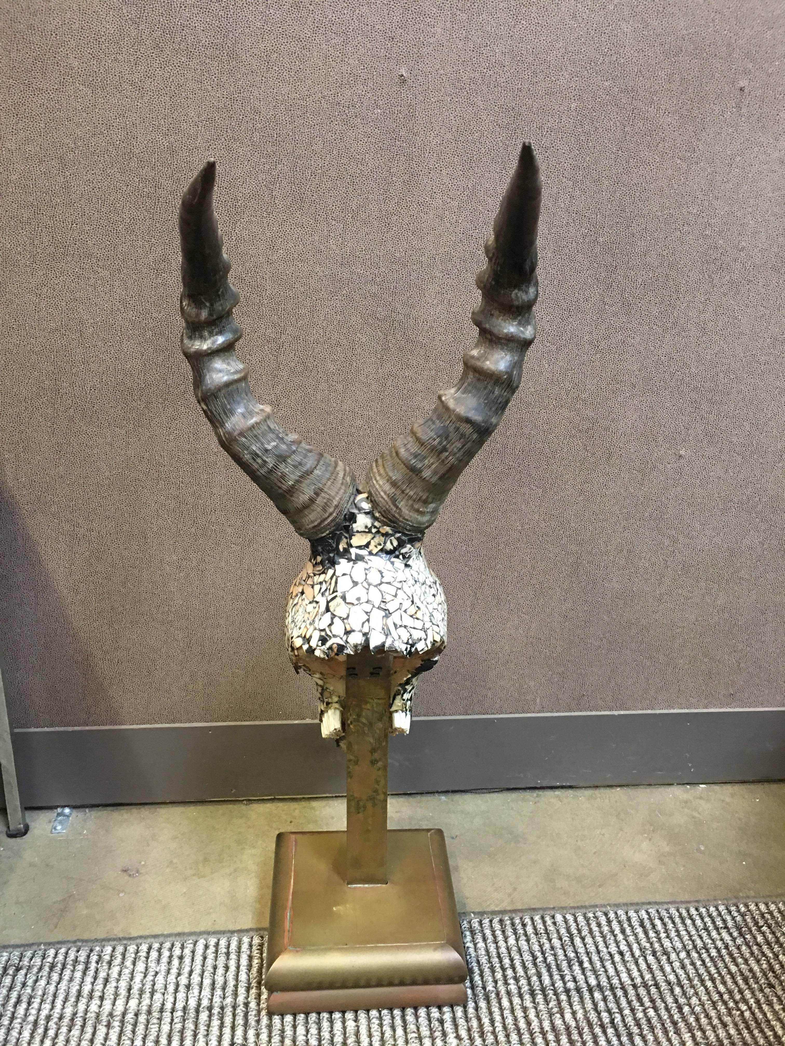 African Gemsbok Inlaid Skull Mount on Brass Stand For Sale