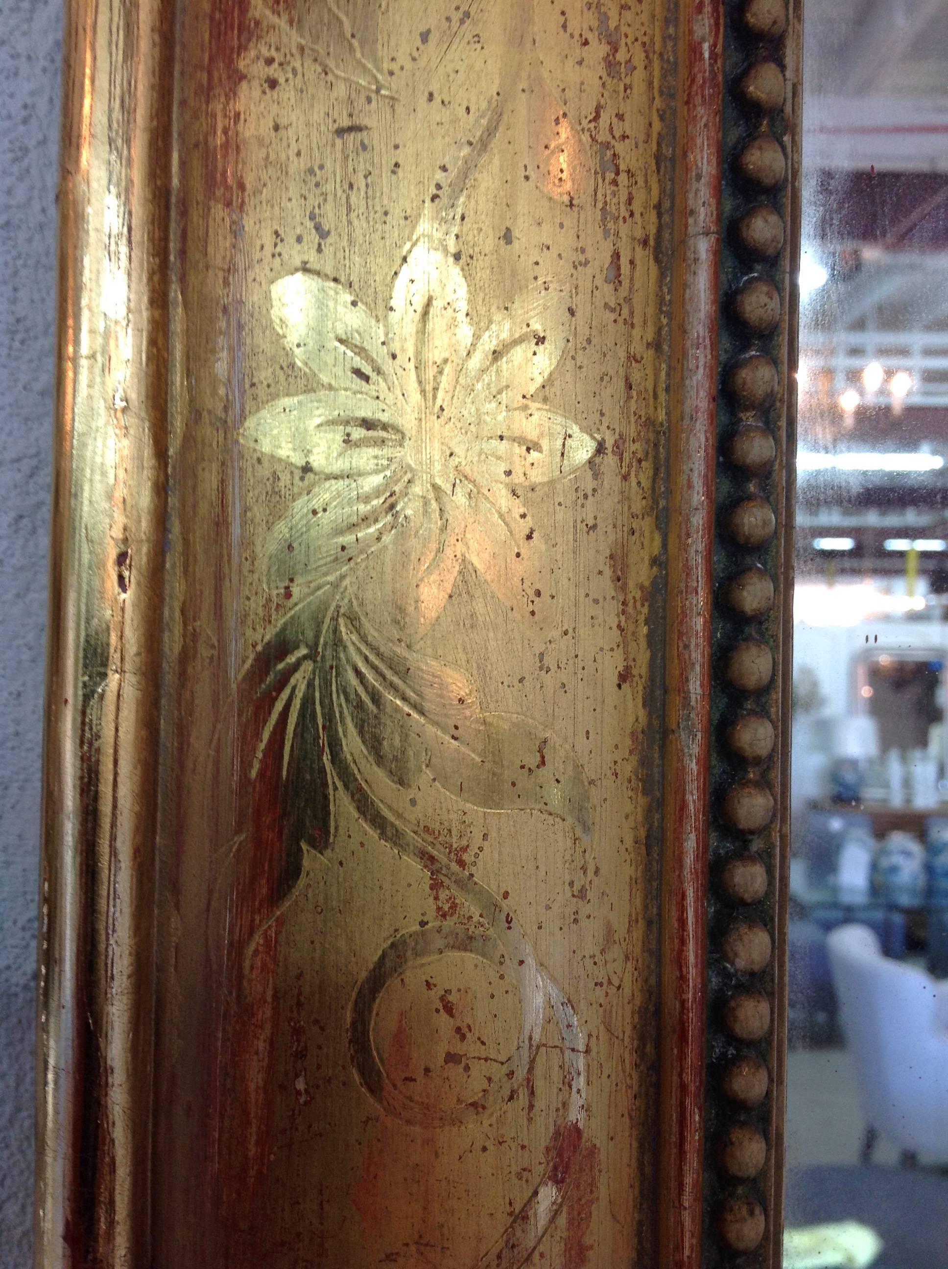 Gilt Louis Phillipe Mirror with Beading, Lattice, Flowers and Ornate Corners For Sale