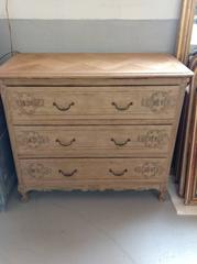 French Oak Bleached Three Drawer Chest with Carving and Aged Brass Pulls