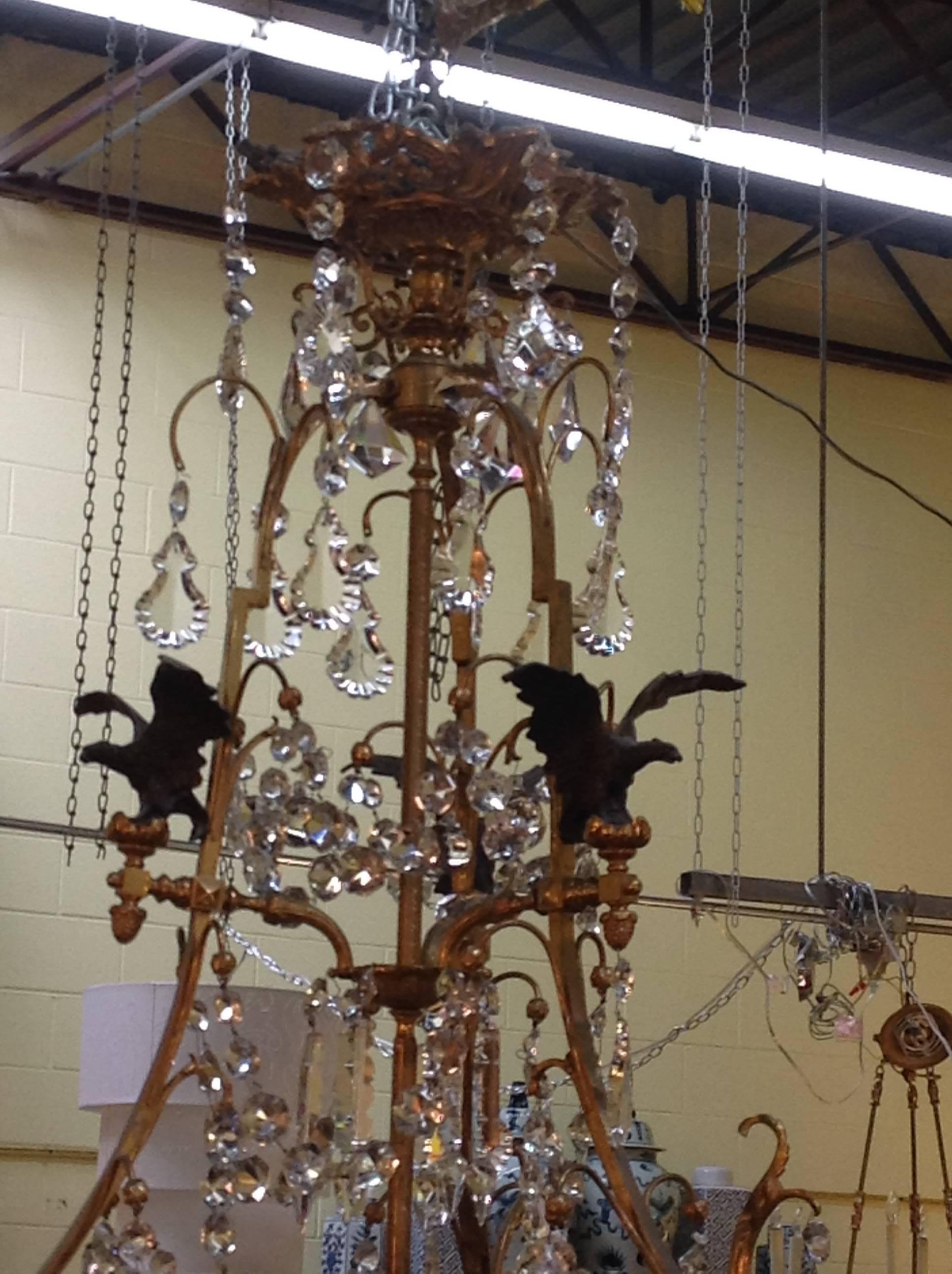 Gilt French Empire Revival Crystal Chandelier with Dore Bronze and Metal Eagles For Sale