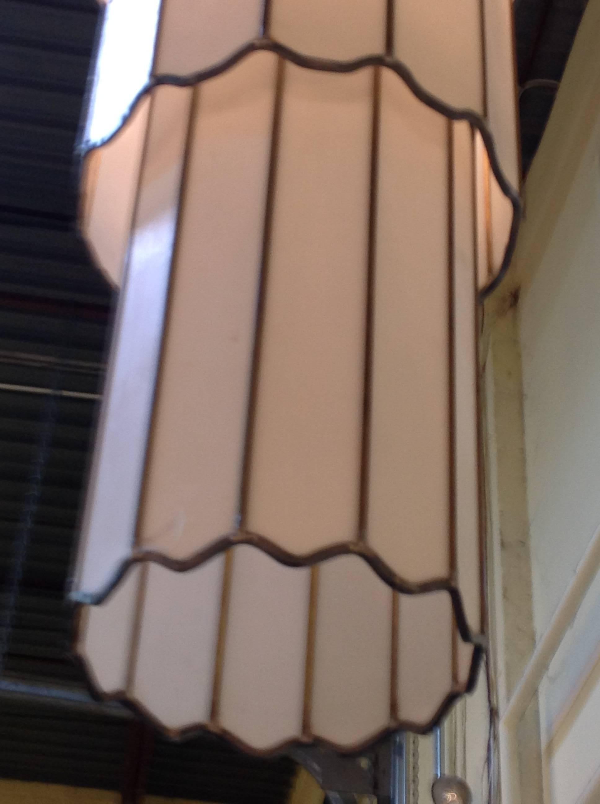 Mid-20th Century Art Deco White Stained Glass and Brass Chandelier For Sale
