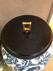 Pair of Scalamandre Blue & White Bird of Paradise Urns with Wooden Lids