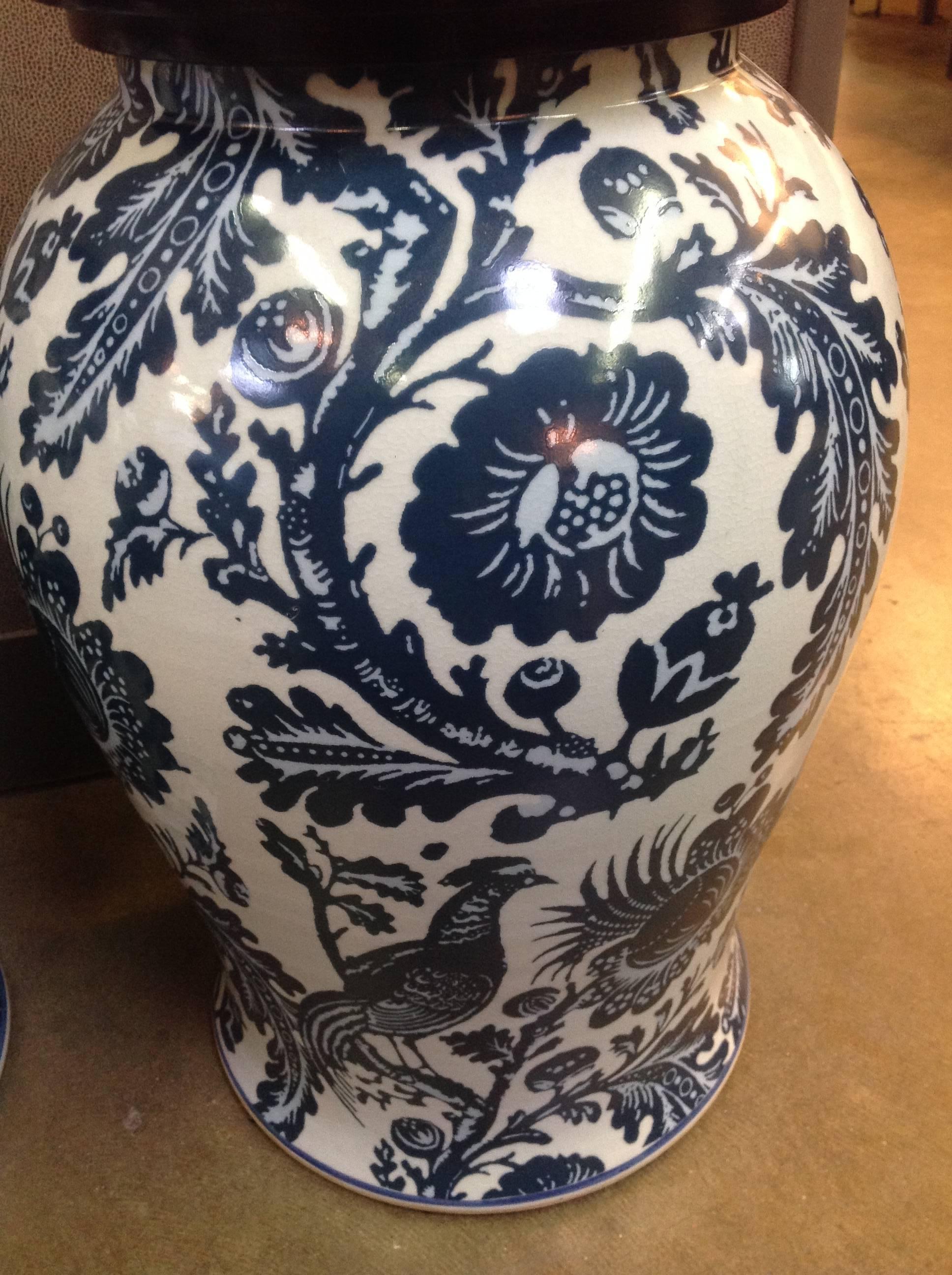 Chinese Pair of Scalamandre Blue & White Bird of Paradise Urns with Wooden Lids For Sale