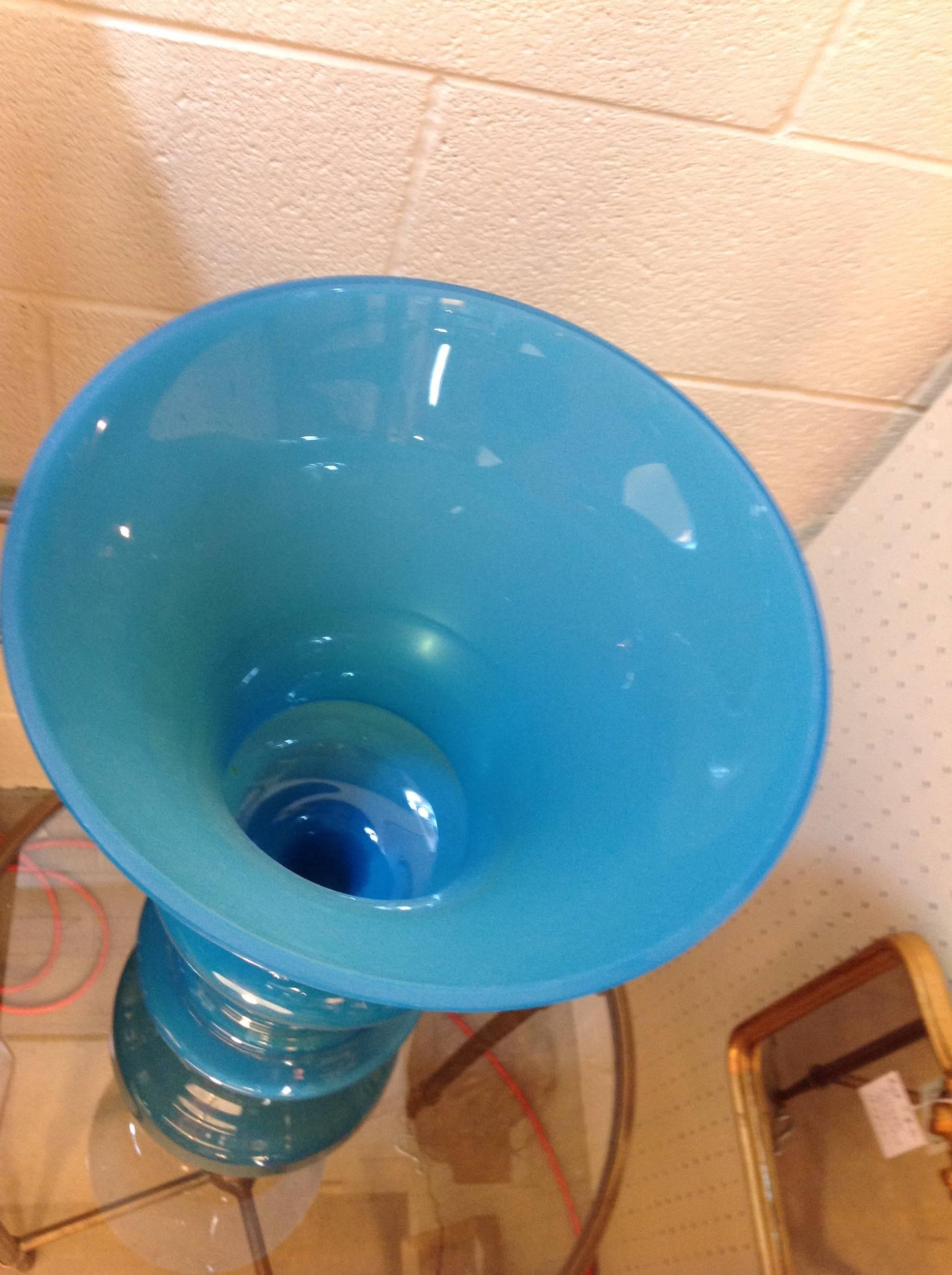Molded Blue Opaline Two Piece Italian Vase For Sale