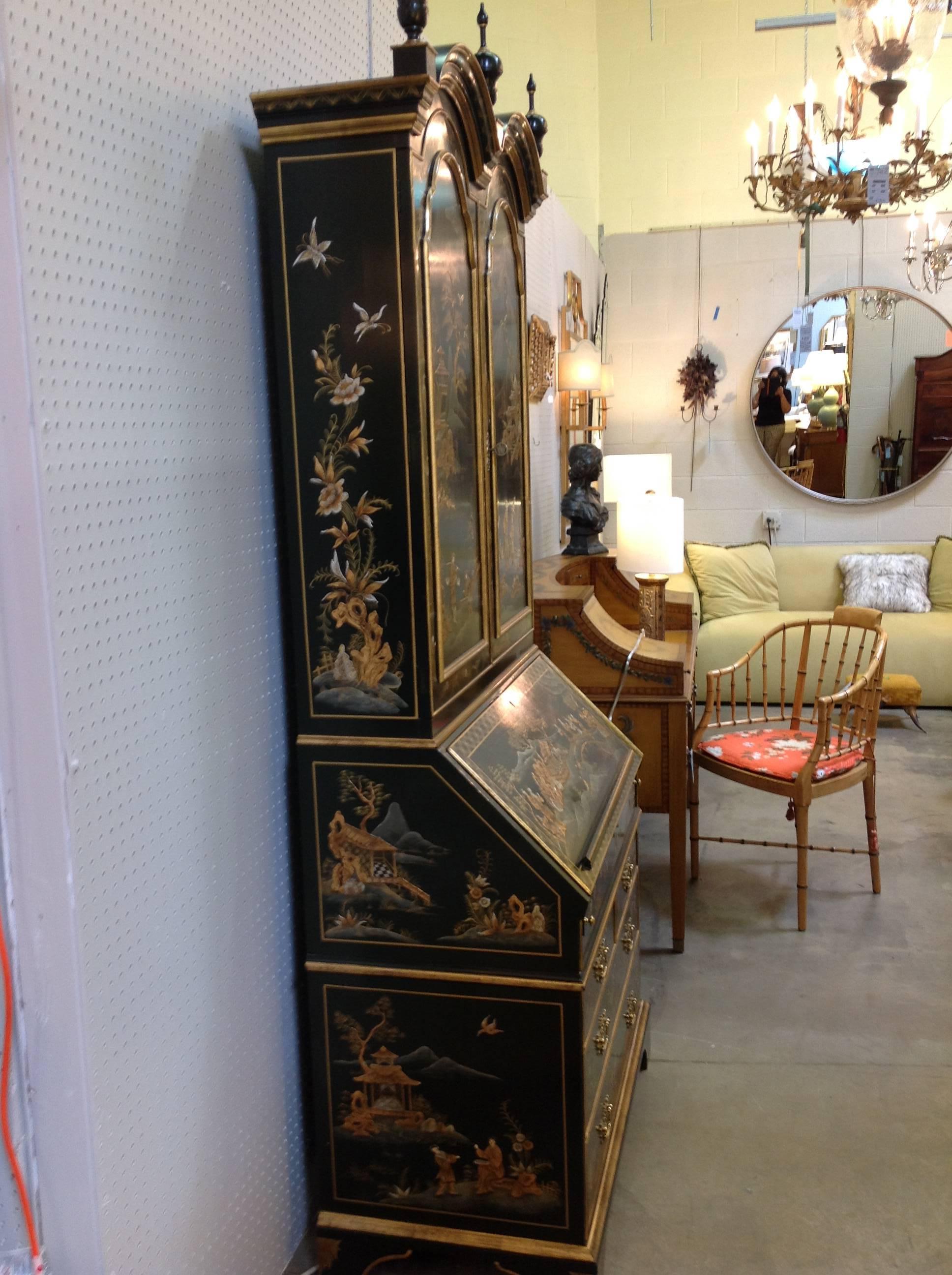 Baker 21st Century Contemporary Black Lacquer Chinoiserie Secretary In Excellent Condition In Chicago, IL