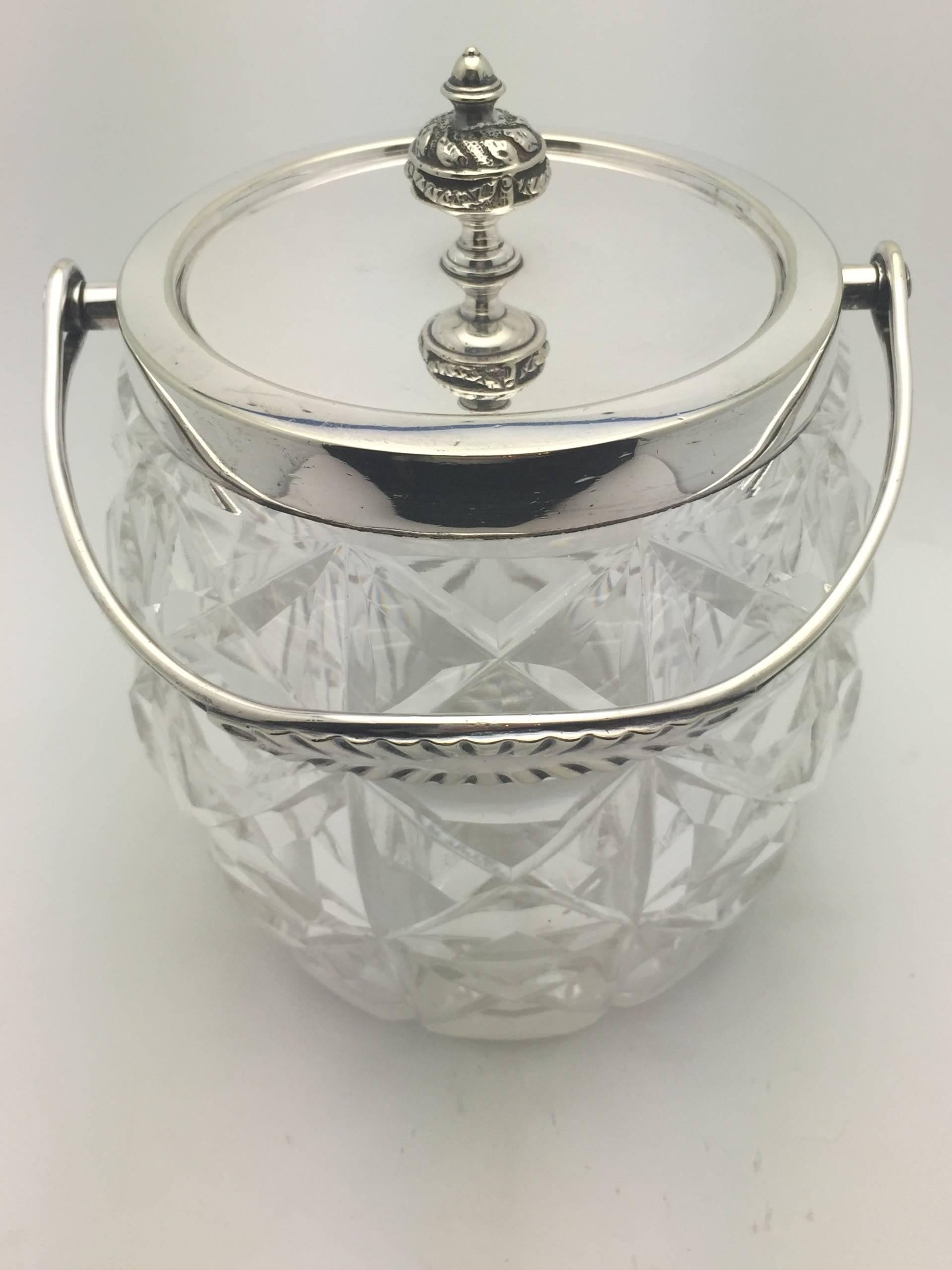 Victorian William Hutton & Sons Cut Glass and Silver Plate Biscuit Jar For Sale