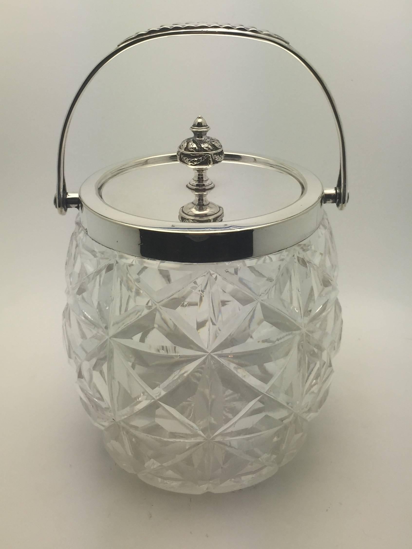 English William Hutton & Sons Cut Glass and Silver Plate Biscuit Jar For Sale