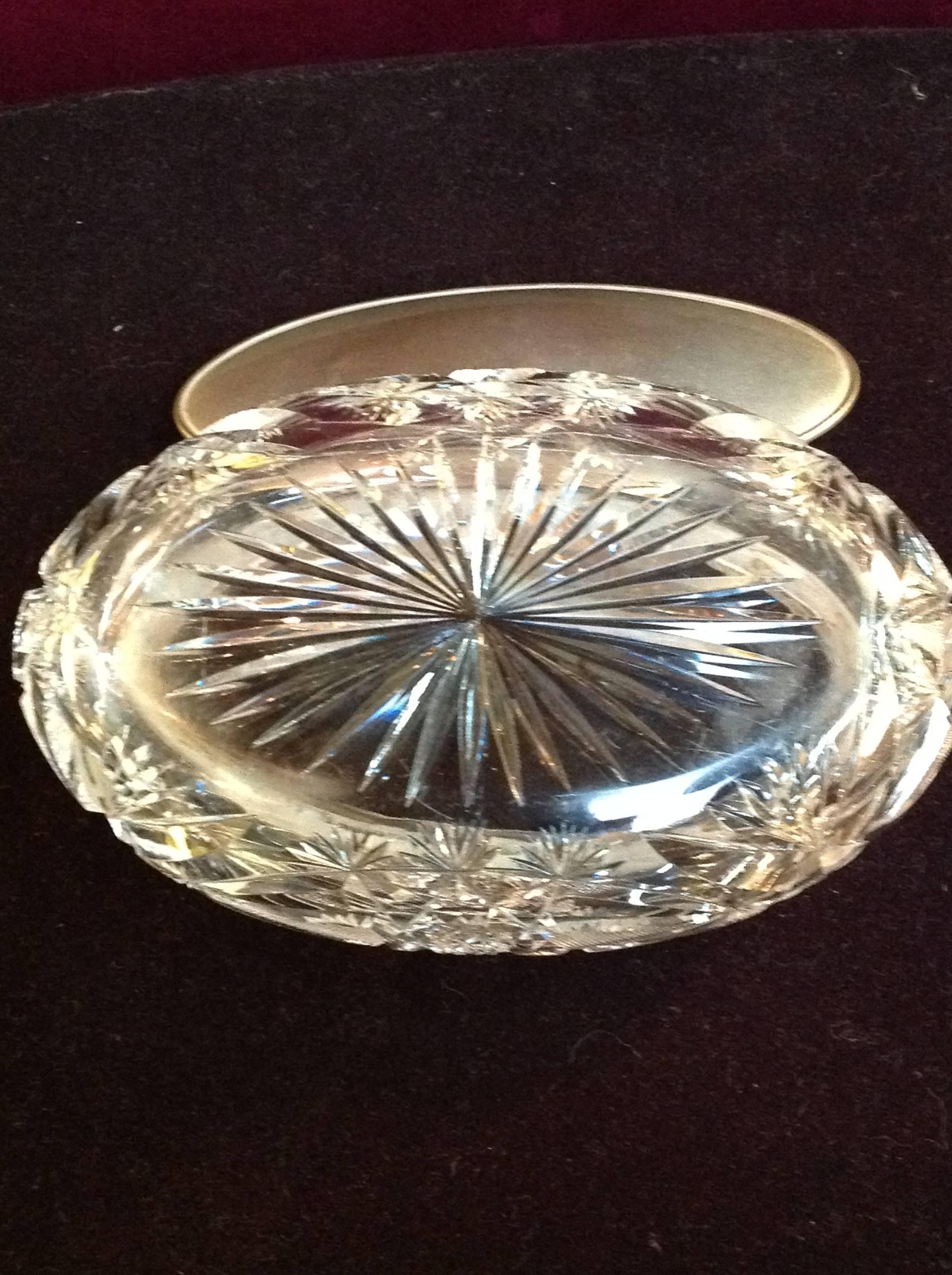 American Brilliant Cut Crystal Oval Dresser Box with Sterling Lid For Sale
