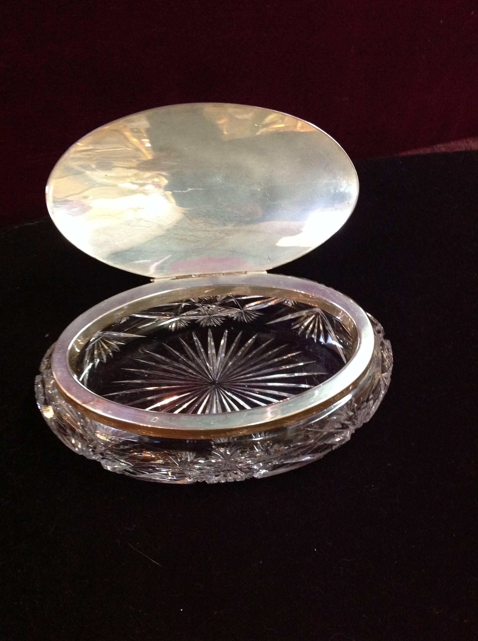 Hand-Carved Brilliant Cut Crystal Oval Dresser Box with Sterling Lid For Sale
