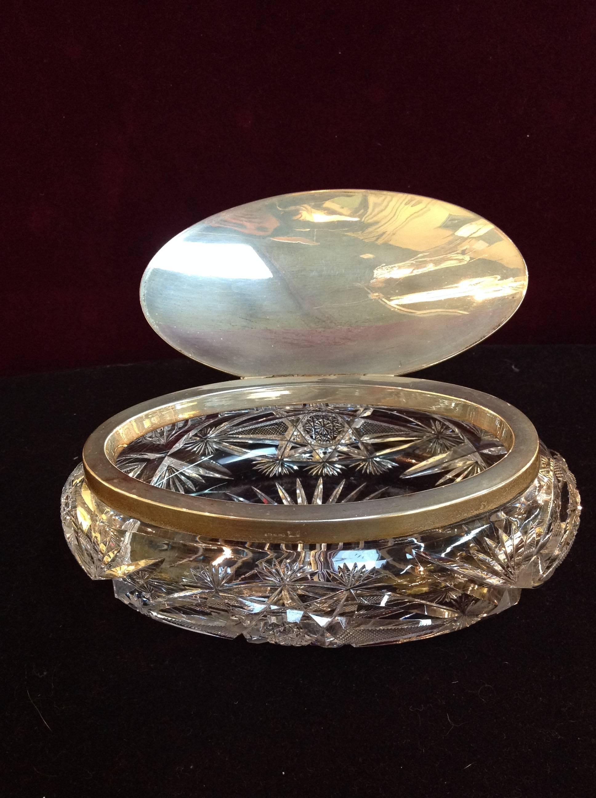 20th Century Brilliant Cut Crystal Oval Dresser Box with Sterling Lid For Sale