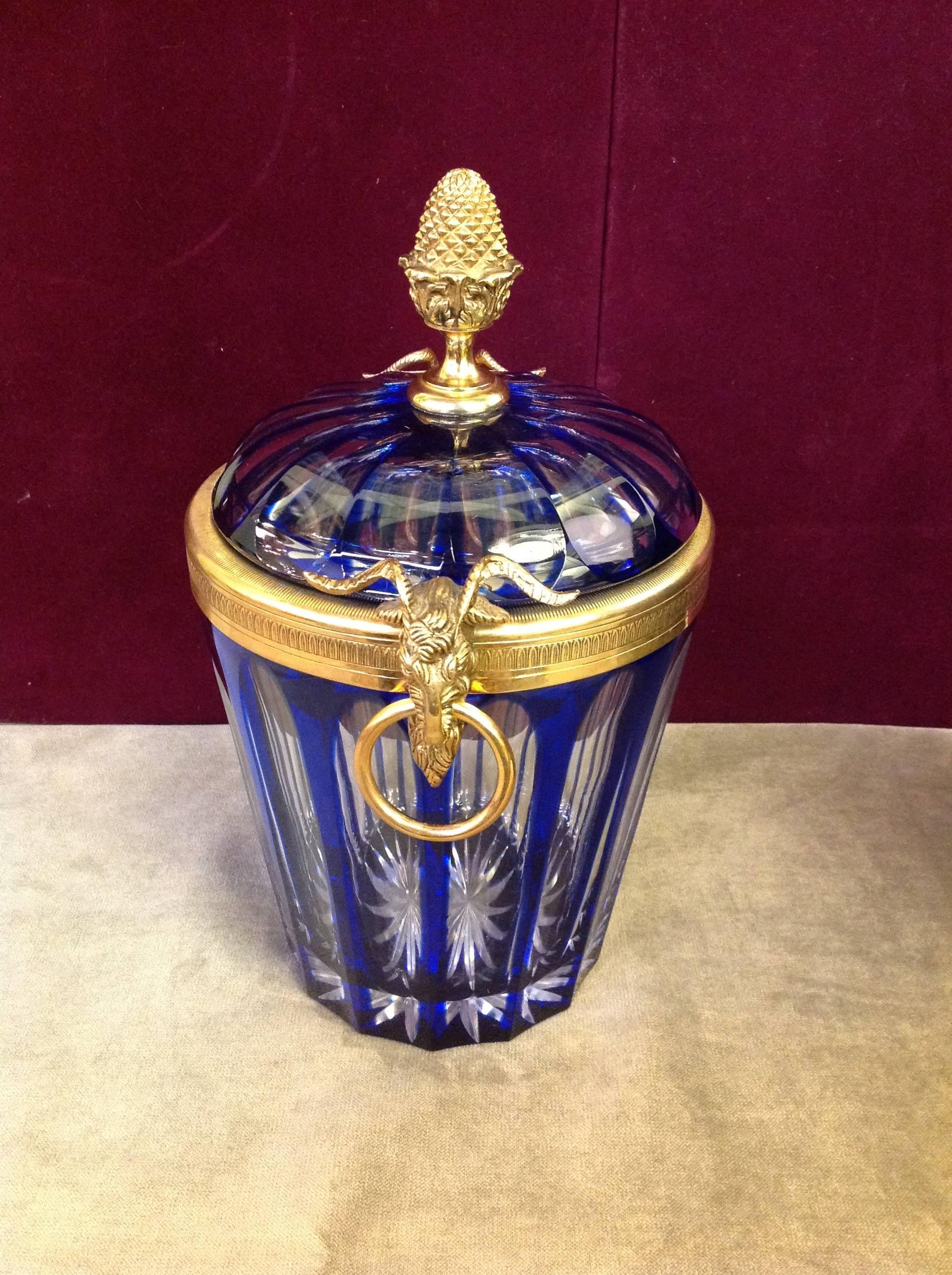 Lovely cobalt French cobalt and clear lead crystal covered bucket with gilt bronze ormolu ram's handle and finial signed by Martin Benito.