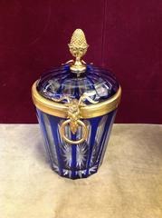 Signed French Cobalt Lead Crystal with Brass Ormolu Covered Ice Bucket