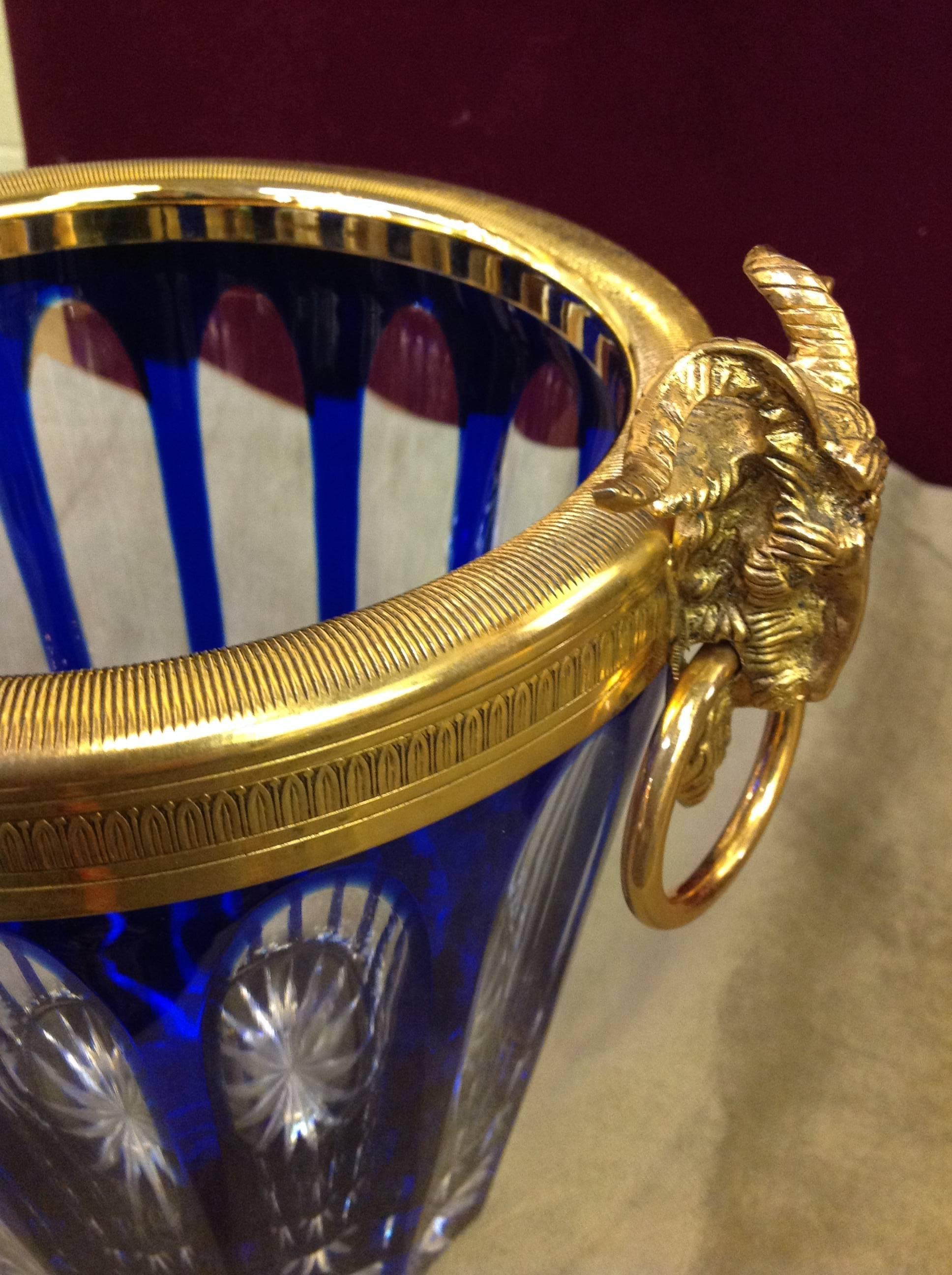 Signed French Cobalt Lead Crystal with Brass Ormolu Covered Ice Bucket In Excellent Condition In Chicago, IL