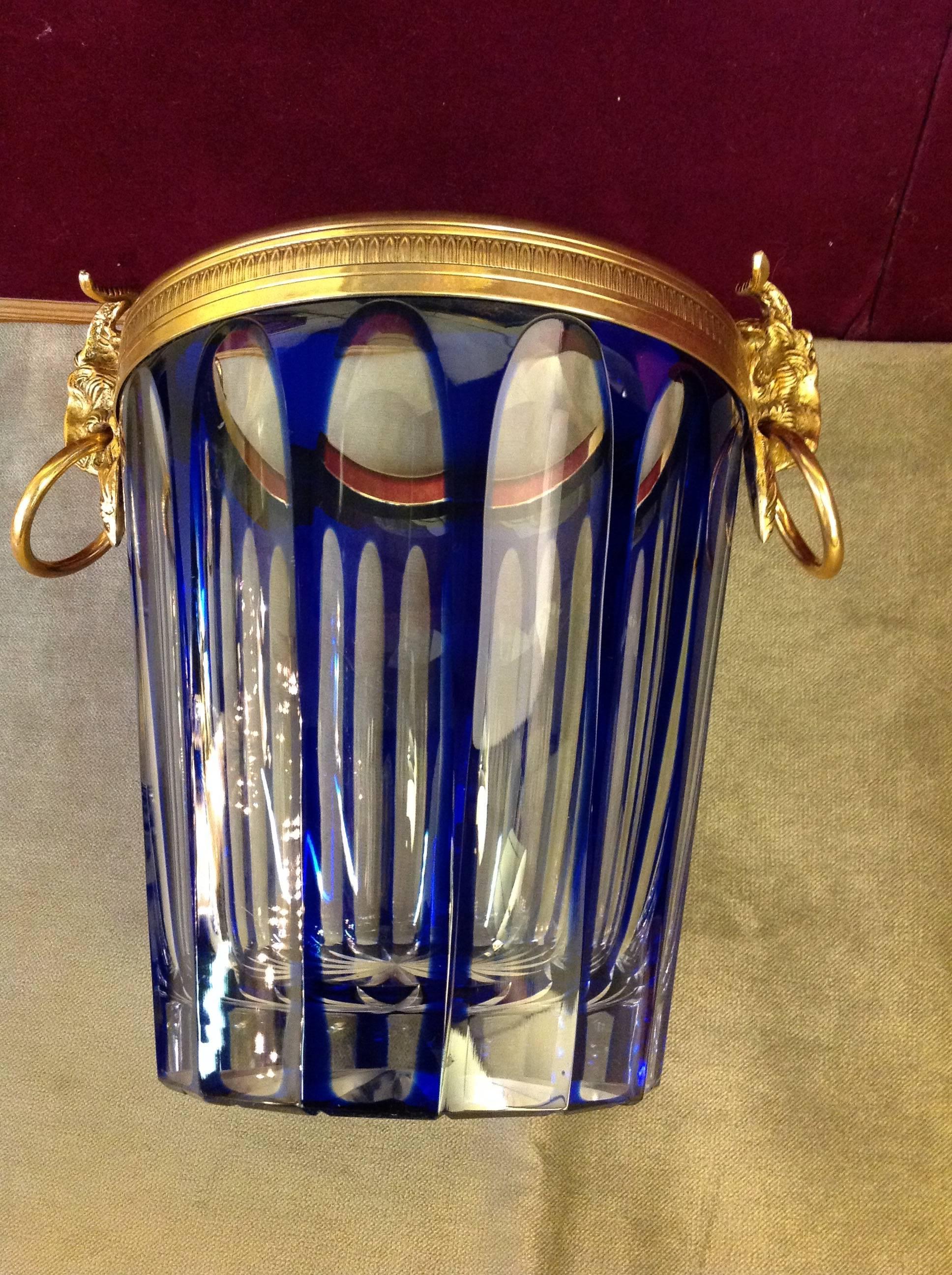 Neoclassical Signed French Cobalt Lead Crystal with Brass Ormolu Covered Ice Bucket