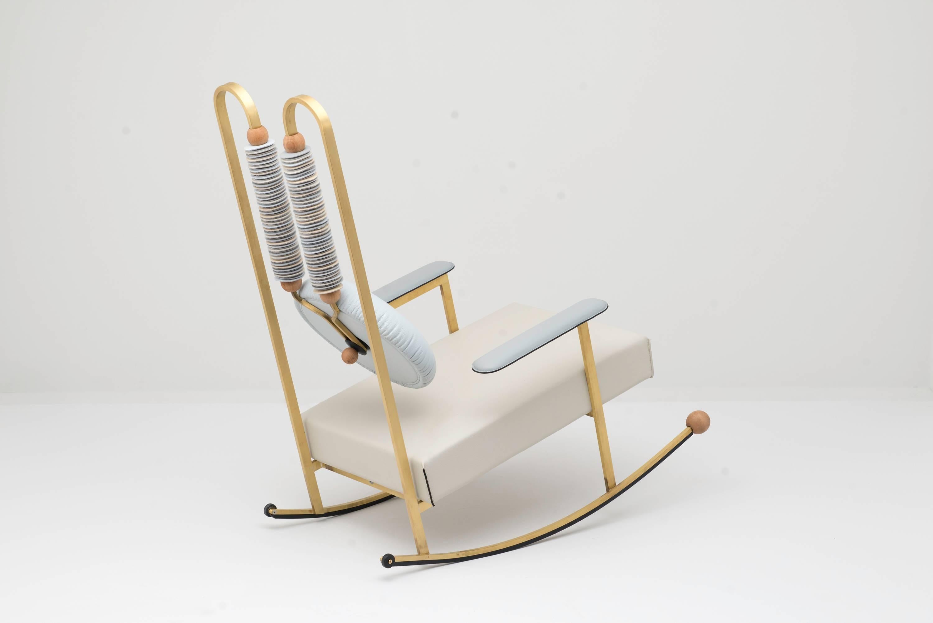 Modern Rulla Leather & Brass Rocking Chair by Mario Milana Handcrafted in Italy