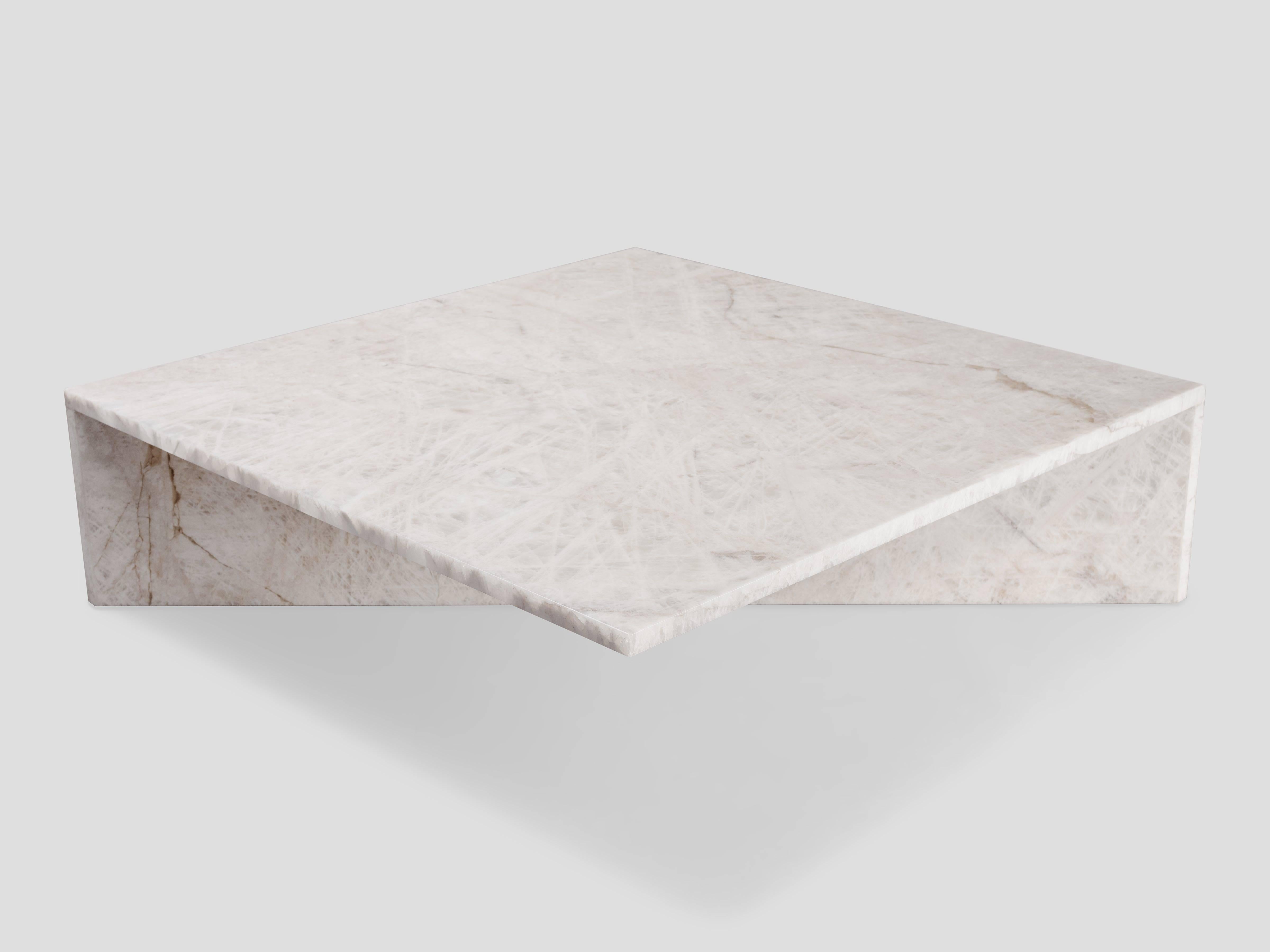 Characterized by its material and form, this coffee table is made of cantilevered Bianco Quartzite; it is one of seven works from the Tension Collection. Claste drew inspiration from the juxtaposition of stability and fragility to create this series