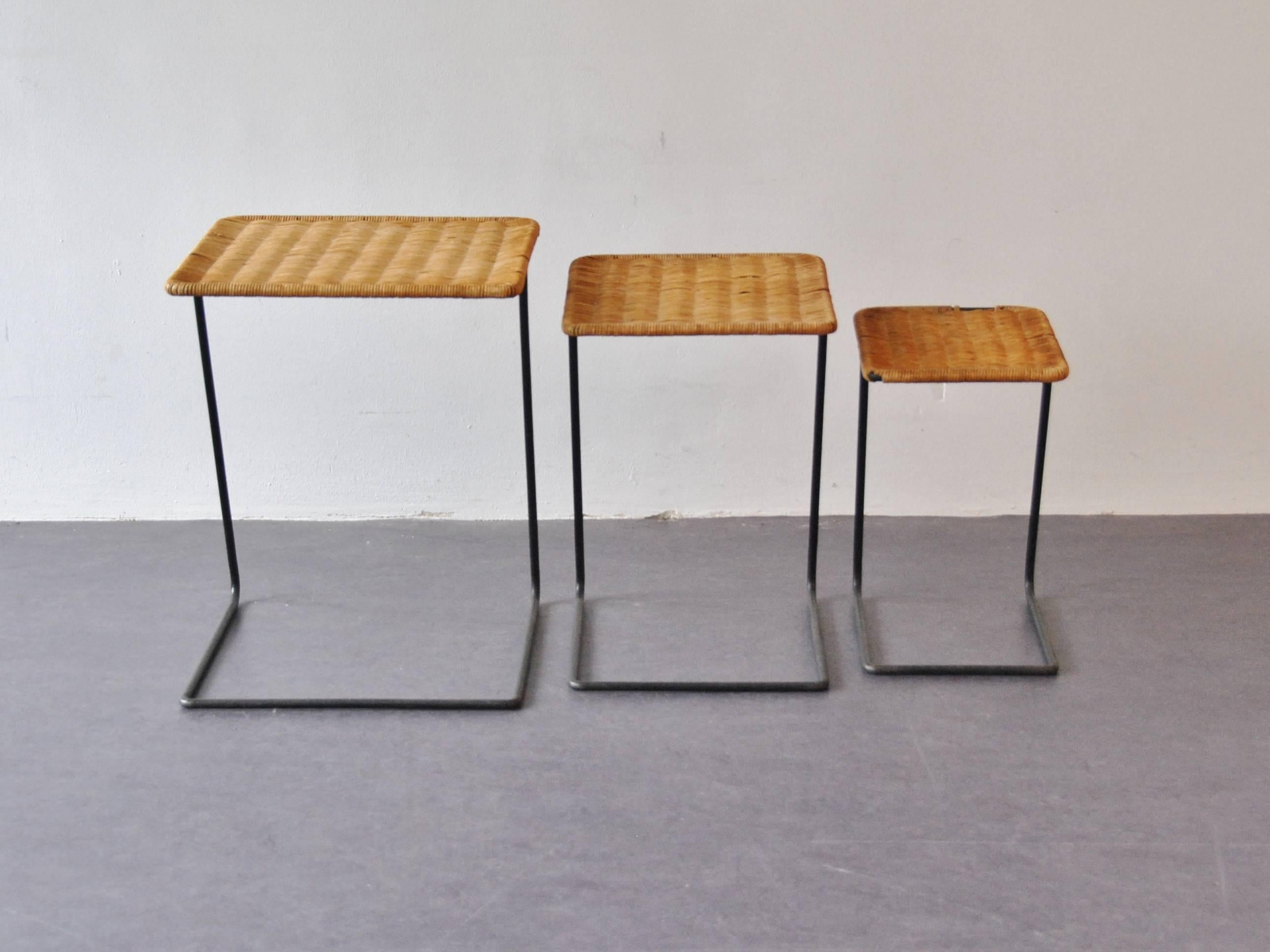 European Set of Three Nesting Tables in the Manner of Mathieu Mategot, France, 1950s