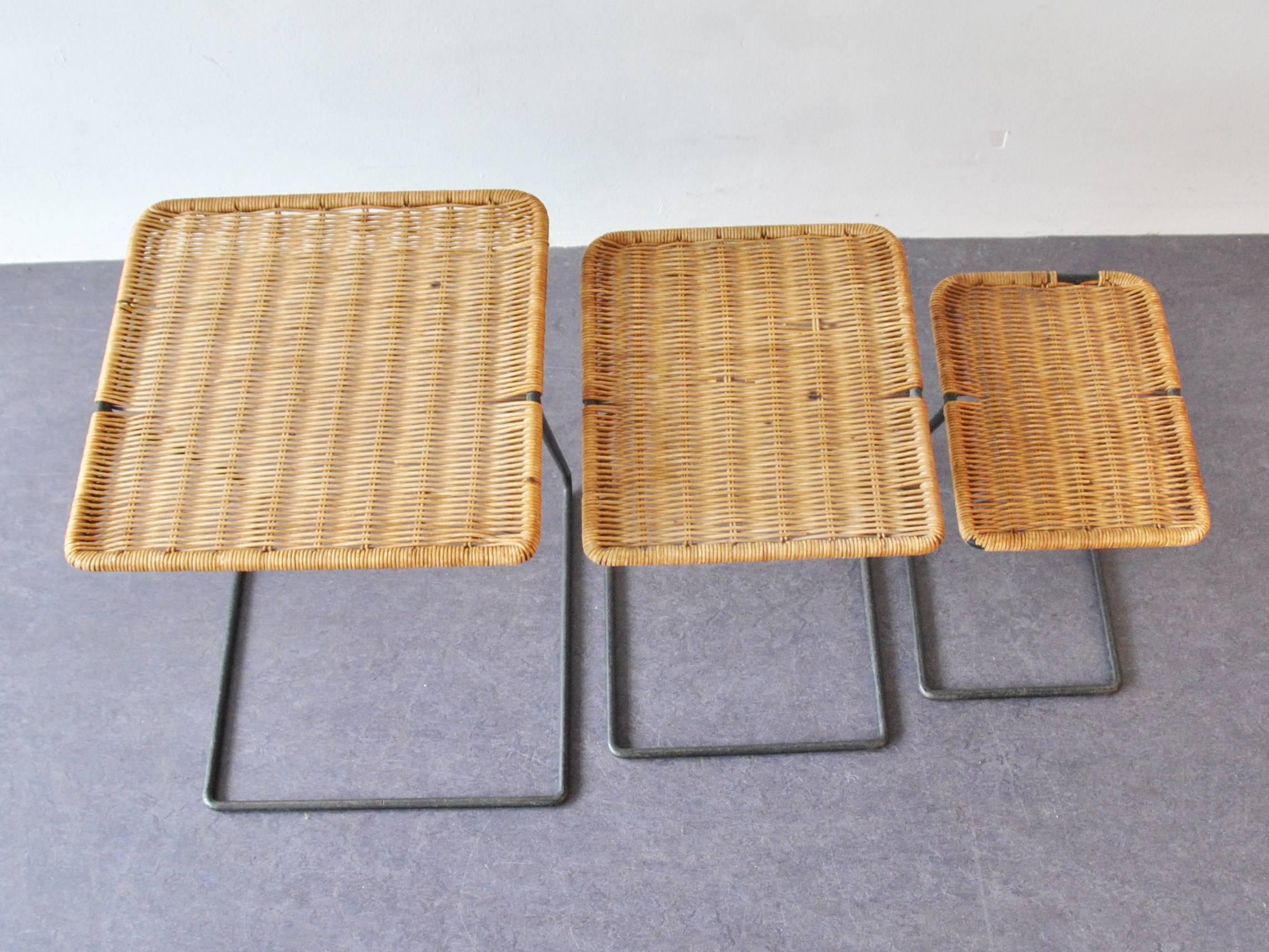 Set of Three Nesting Tables in the Manner of Mathieu Mategot, France, 1950s In Distressed Condition In Steenwijk, NL