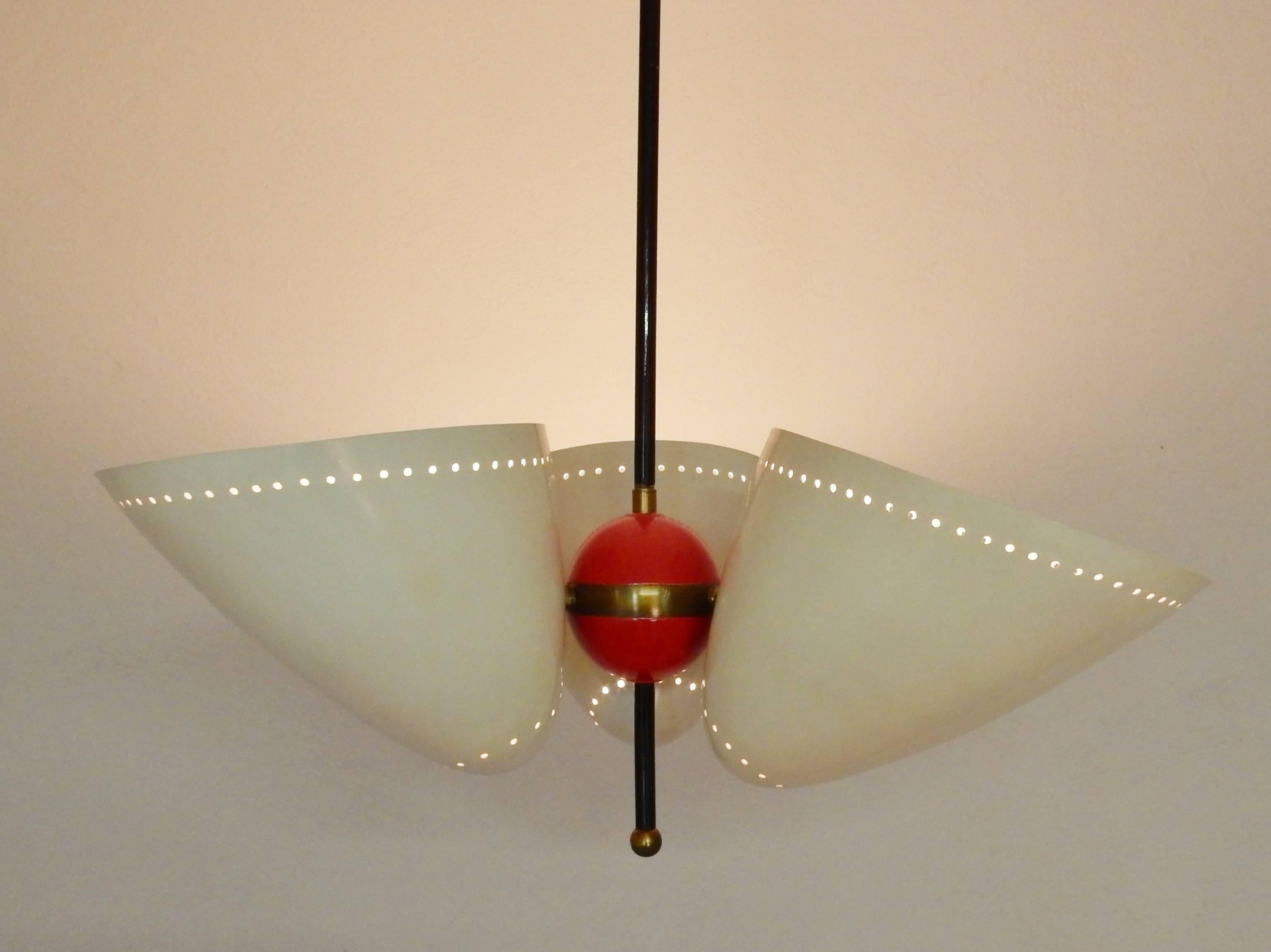 Beautiful chandelier of Italian origin. The lights holds three cones with one bulb each. This light is in a very good condition considering age. 
The cones are connected to the red with brass round part.
Great light for a hall way that will make a