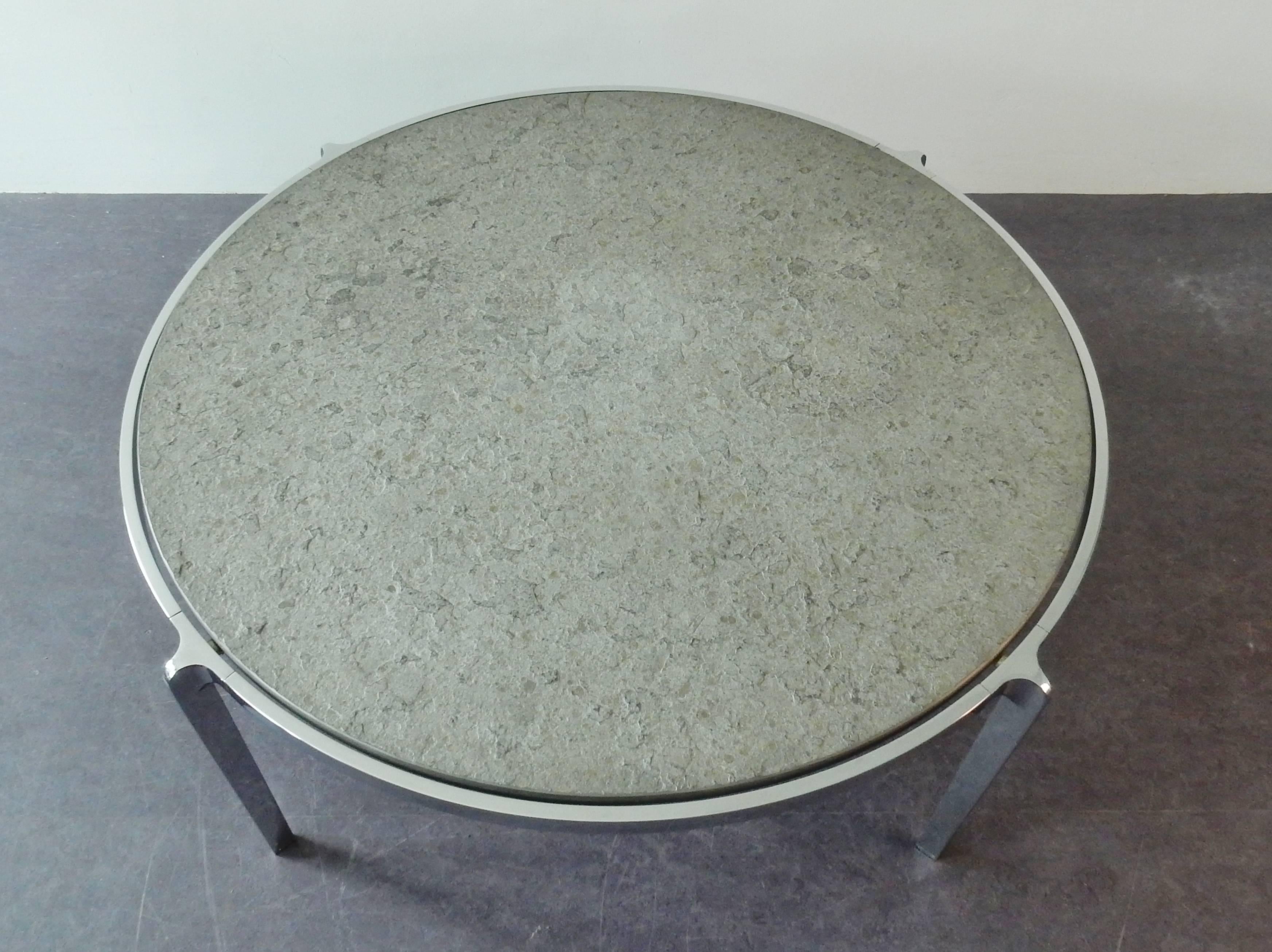 Large Center Piece Coffee Table with a Stone Top on a Chromed Frame, 1970s In Good Condition In Steenwijk, NL