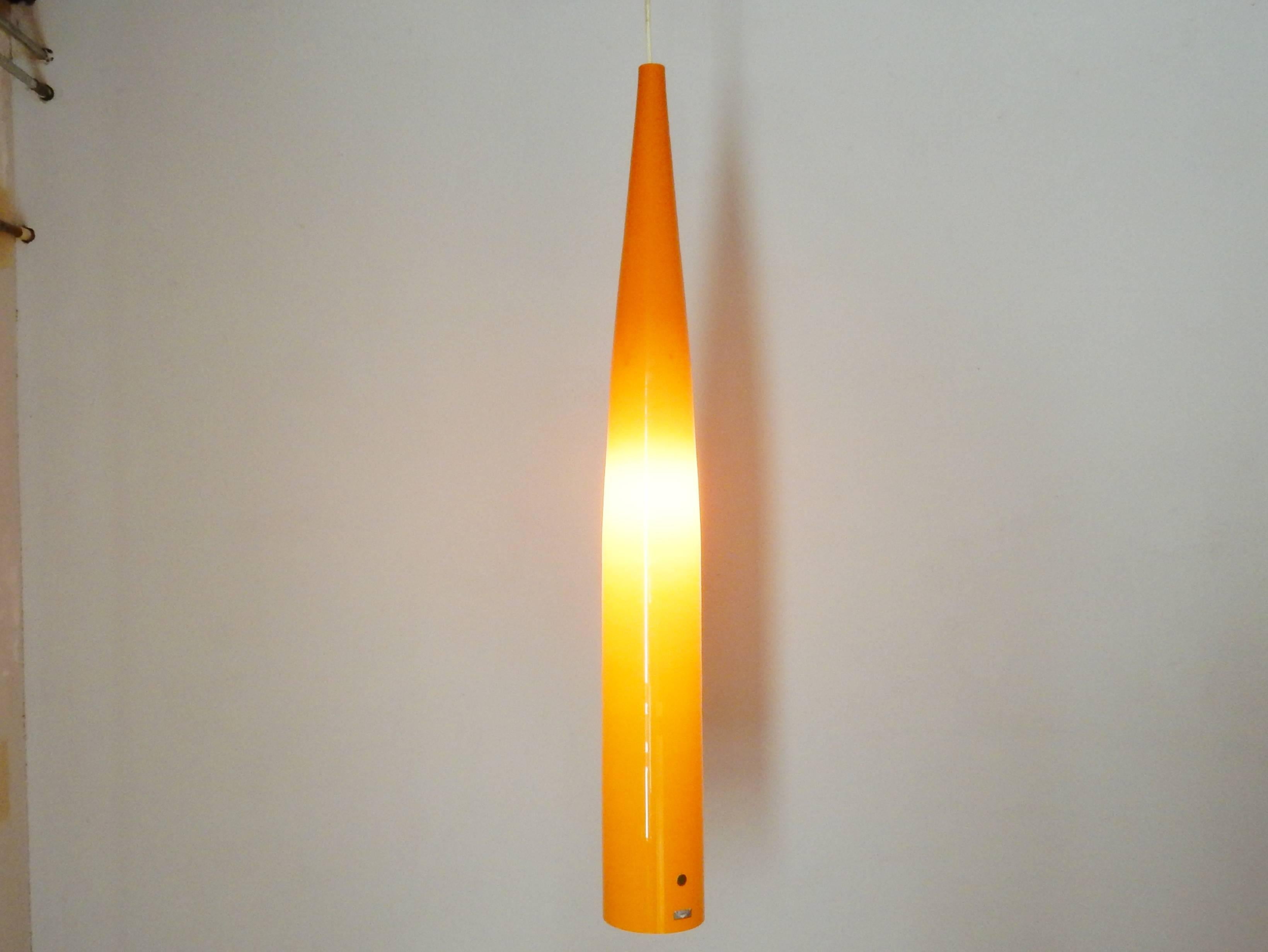 This is a great item. Great in size and in beauty. Beautiful orange glass with an opaline inside for a very warm and soft light. 
We have this design documented as designed by Gino Vistosi. Documented as such in the 'Indoor' catalogue of 1967.