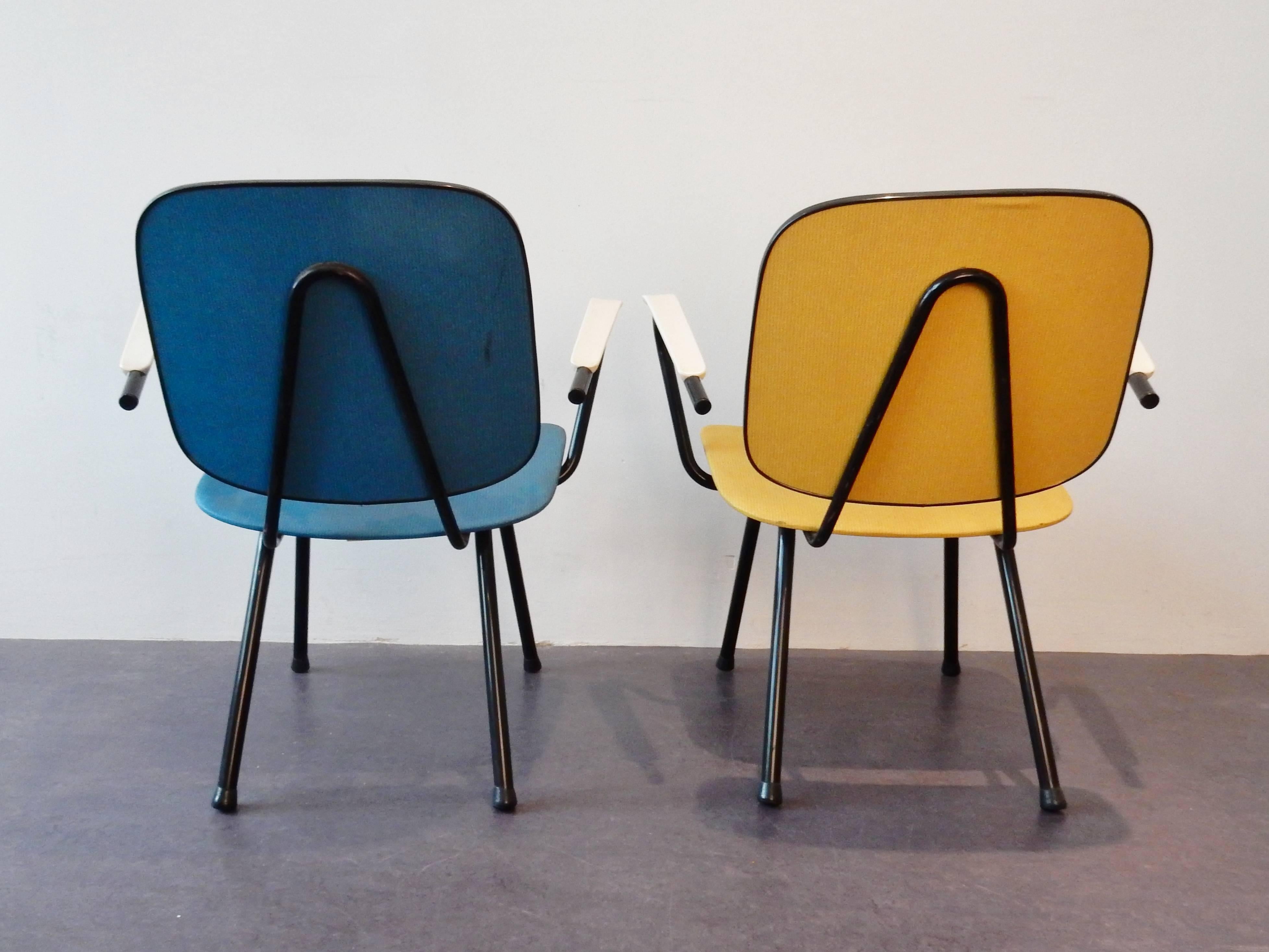 Metal Set of Two Lovely Lower Armchairs in Blue and Yellow, 1950s-1960s For Sale