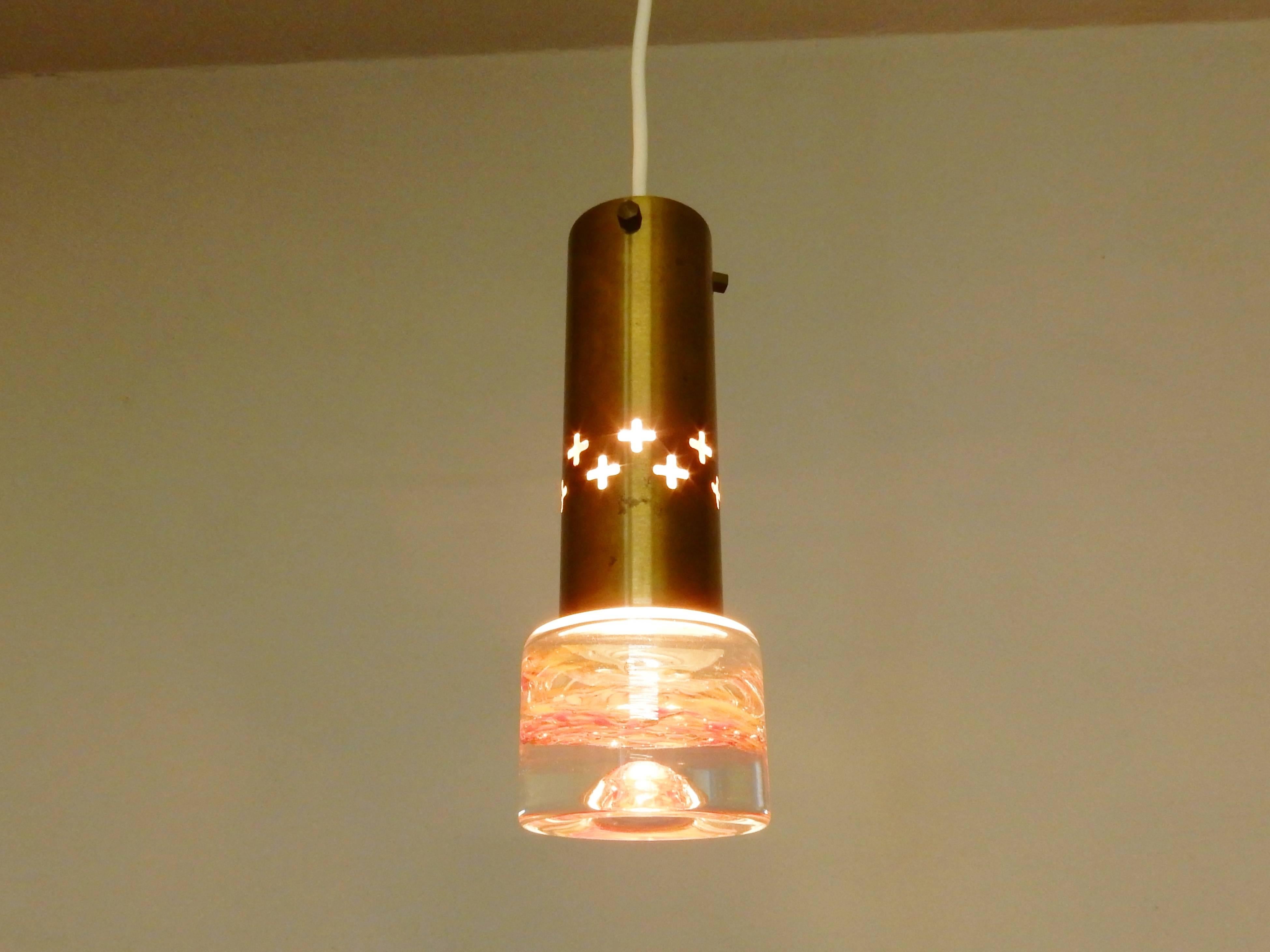 Scandinavian Modern Set of Two Swedish Pendant Lights in Brass and Glass, Sweden, 1960s-1970s For Sale
