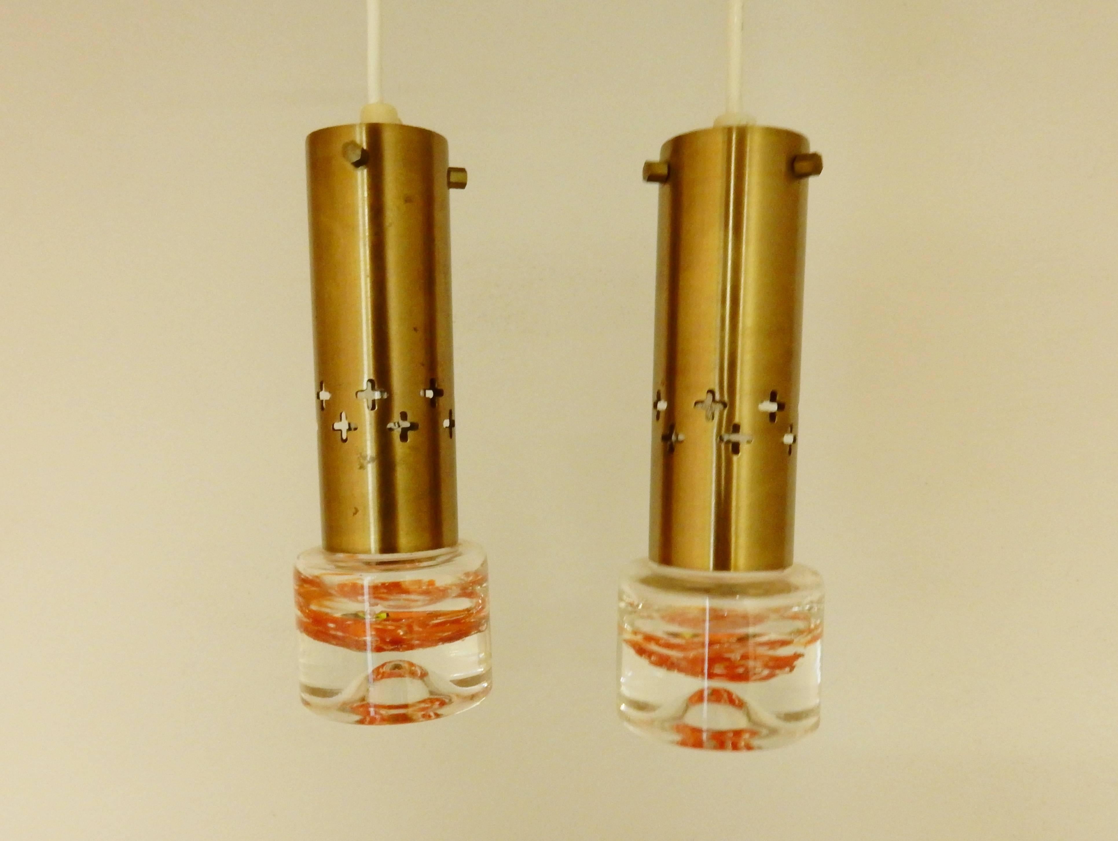 Set of Two Swedish Pendant Lights in Brass and Glass, Sweden, 1960s-1970s For Sale 1