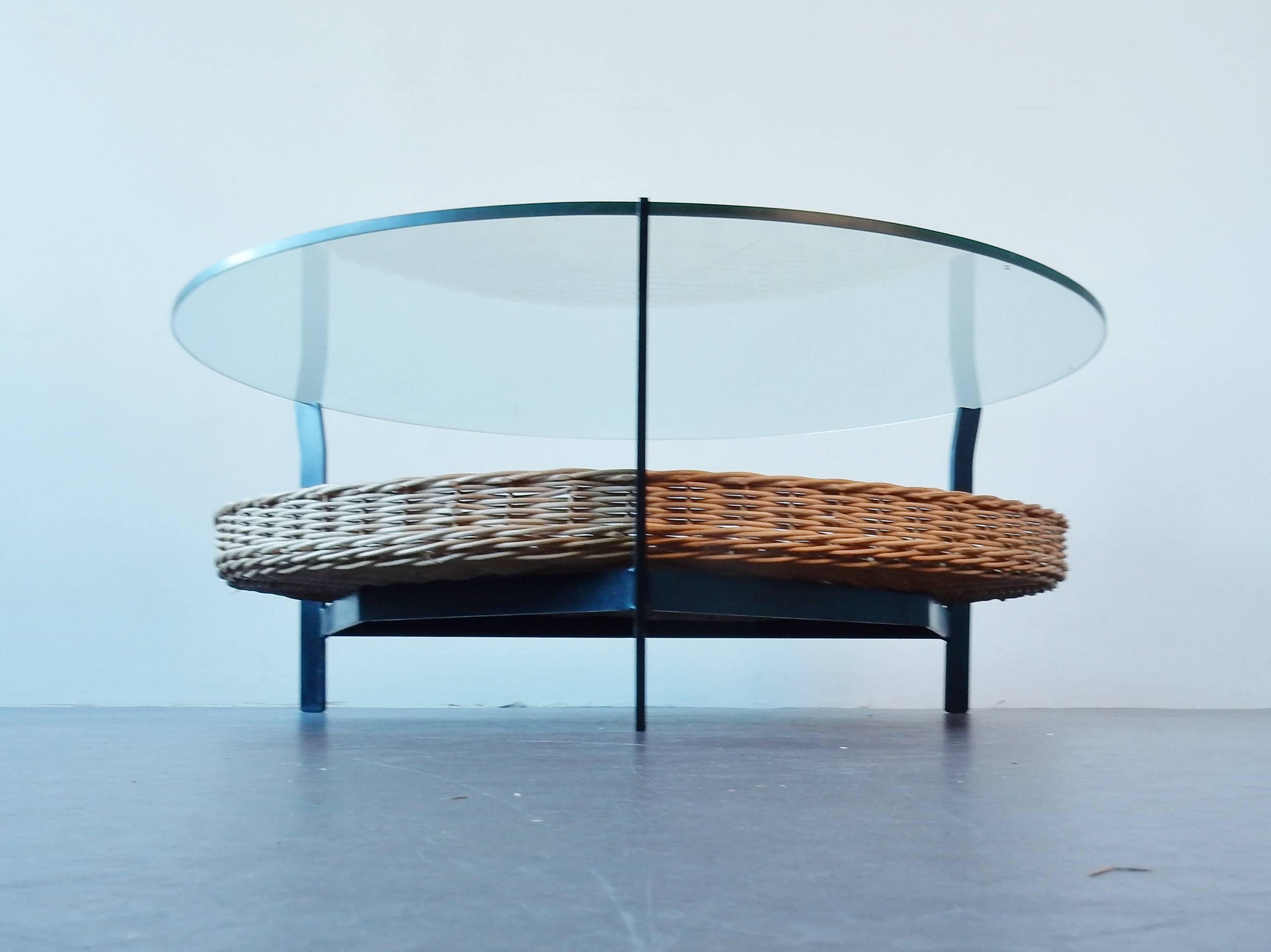 Mid-Century Modern Coffee Table of Metal Frame with Wicker Basket and Hung Safety Glass Top, 1960s