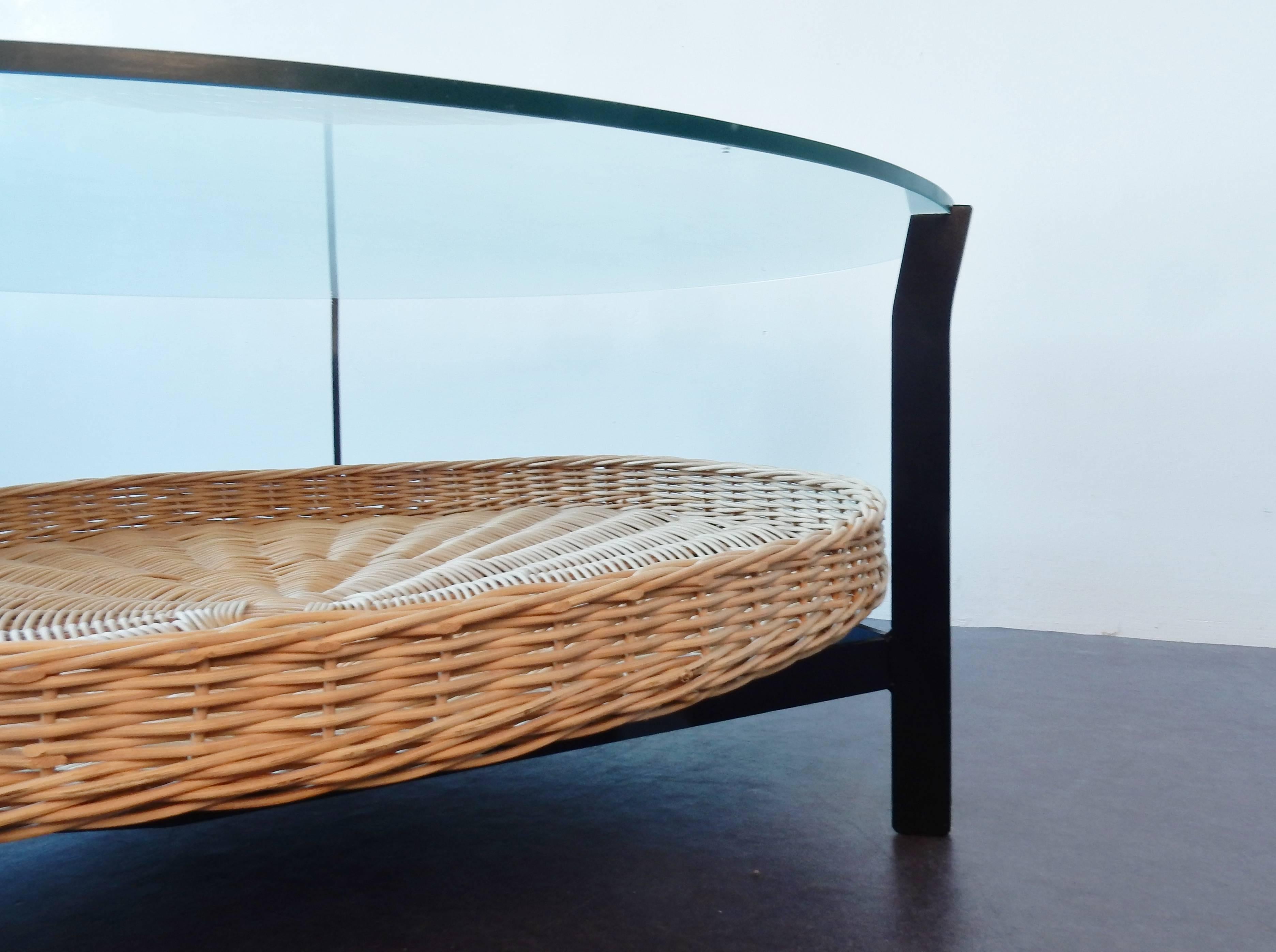 Dutch Coffee Table of Metal Frame with Wicker Basket and Hung Safety Glass Top, 1960s