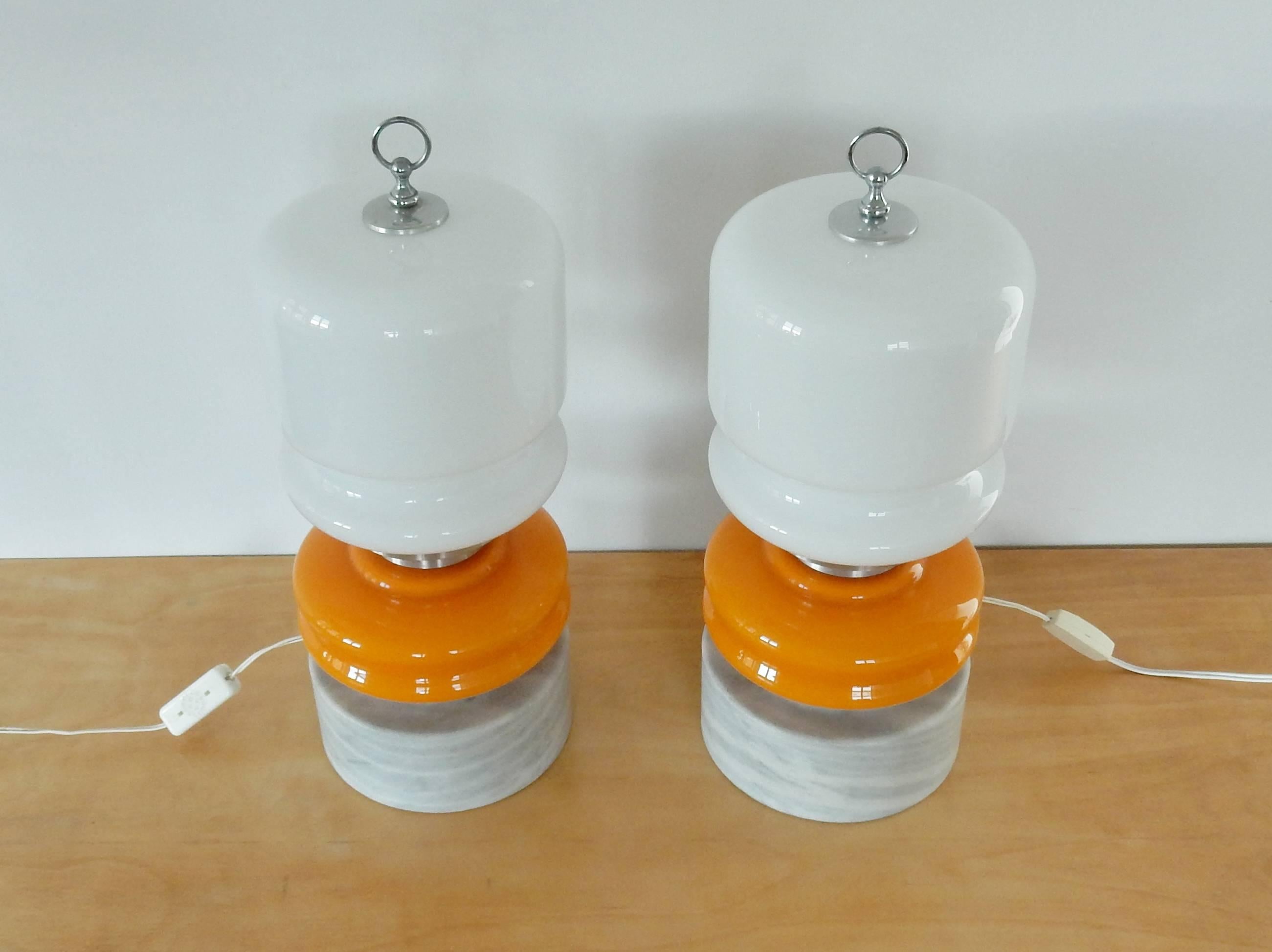 Two Large Orange and White Glass Table Lamps on Stone Pedestal, 60's/70's In Good Condition In Steenwijk, NL