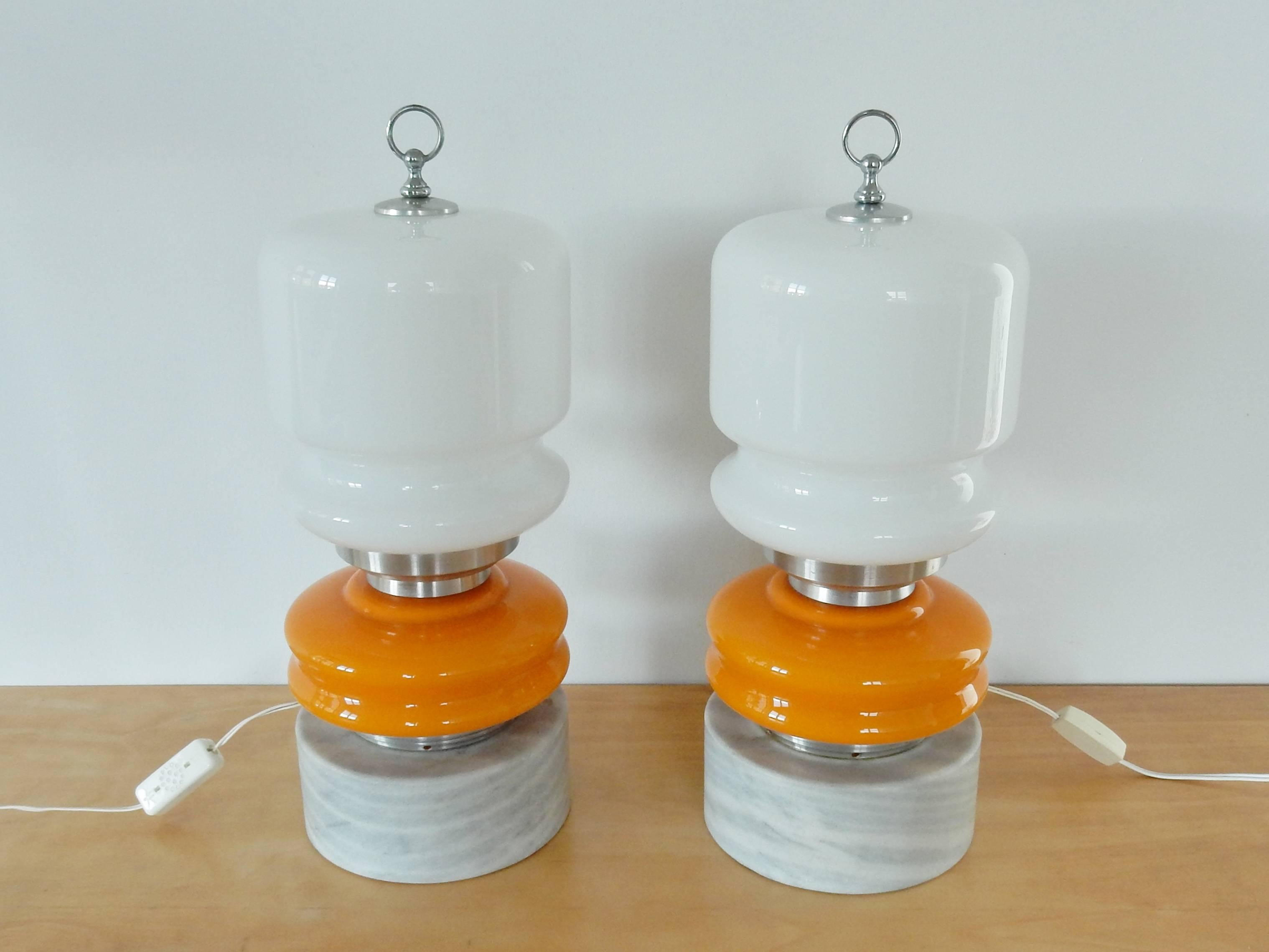 European Two Large Orange and White Glass Table Lamps on Stone Pedestal, 60's/70's