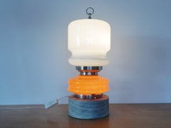 Two Large Orange and White Glass Table Lamps on Stone Pedestal, 60's/70's