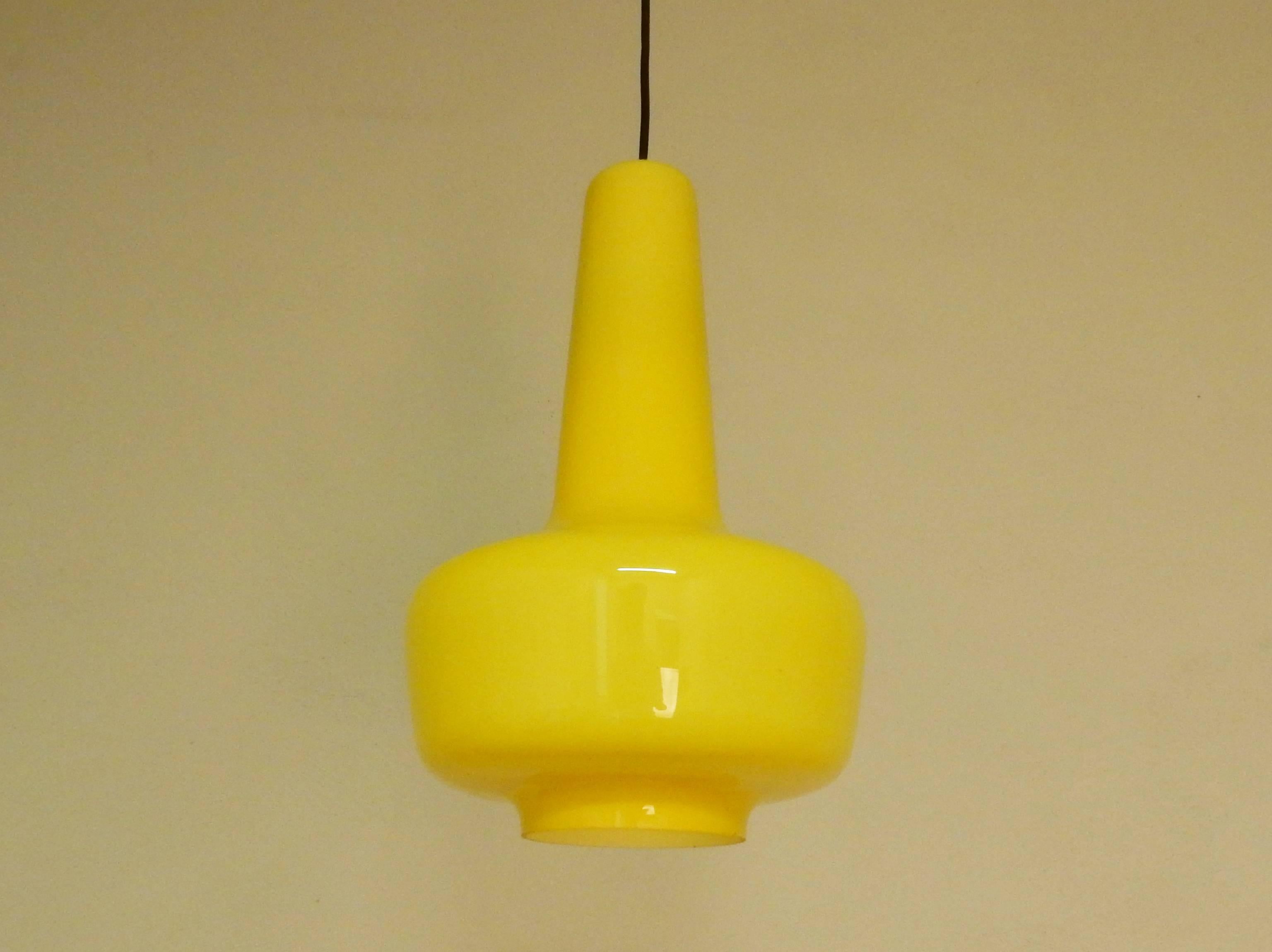 Danish Set of Two Yellow 'Kreta' Pendants, Jacob Bang for Fog Og Mørup. Denmark, 1960s