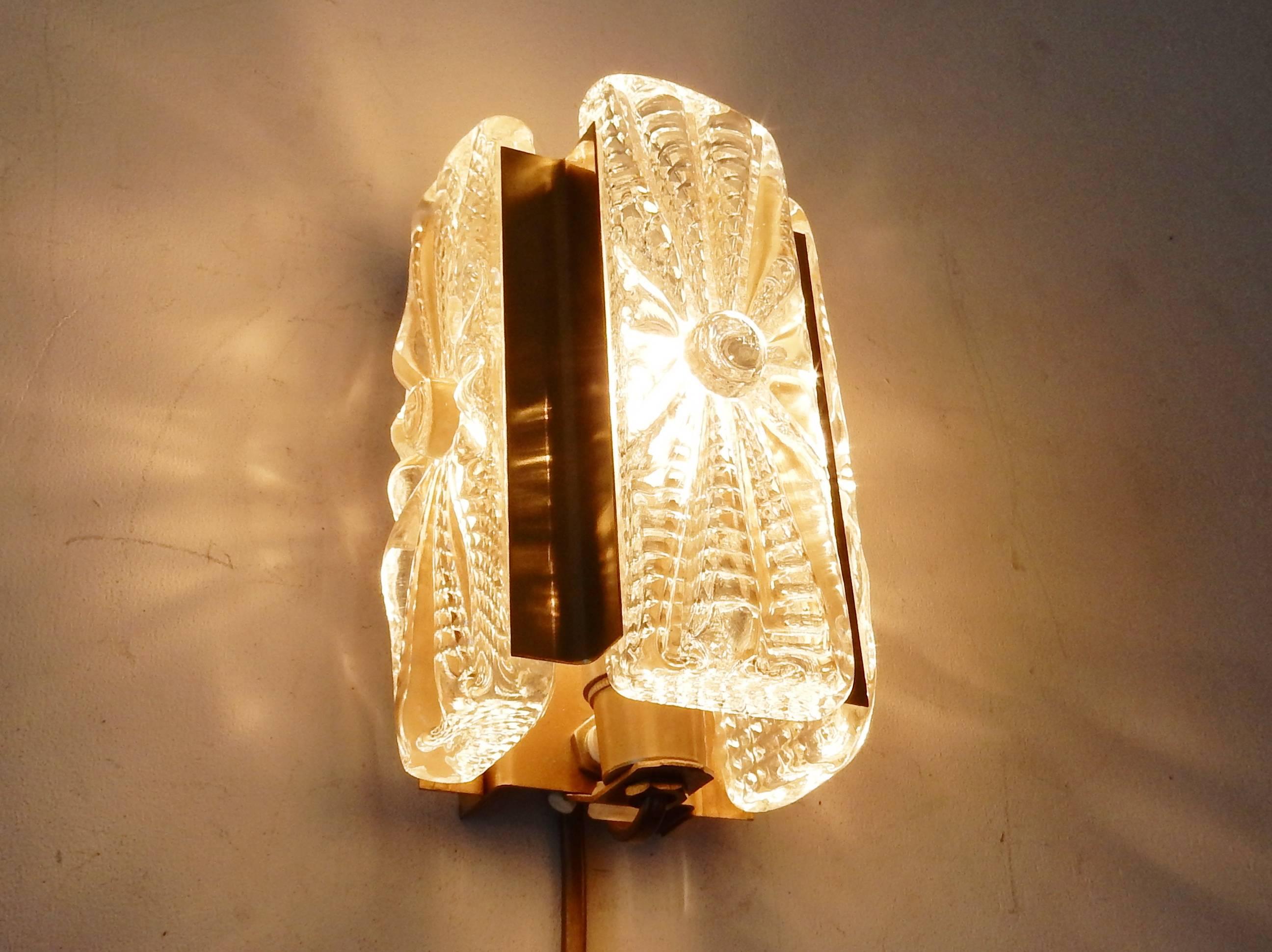 Scandinavian Modern Set of Two Model 15415 Wall Lamps in Glass and Brass by Vitrika, Denmark, 1970s