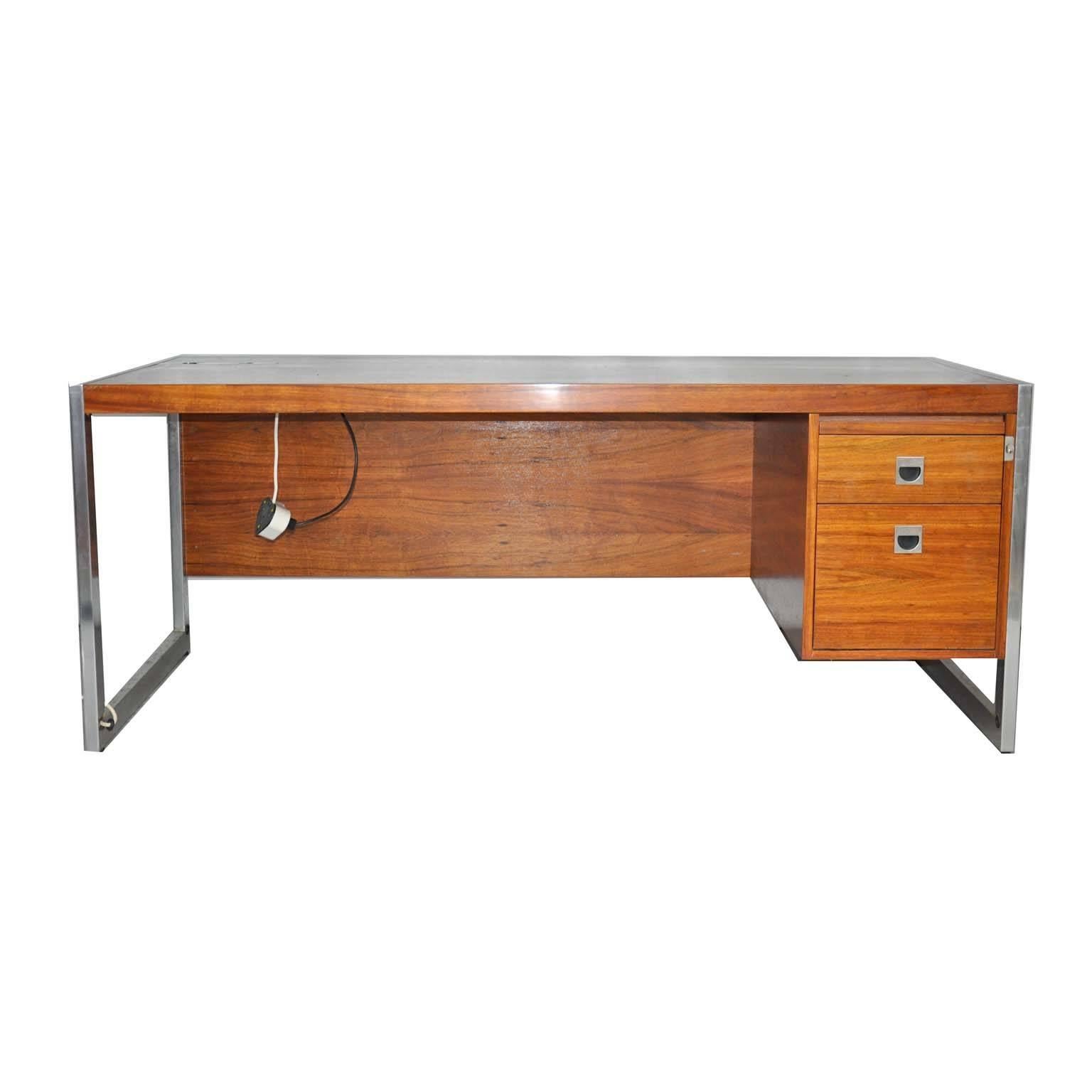 Mid-Century Modern Rosewood Executive Desk with Metal Base